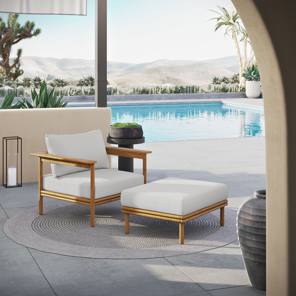 Wren Outdoor Patio Teak Wood Armchair and Ottoman Set - Natural Sail