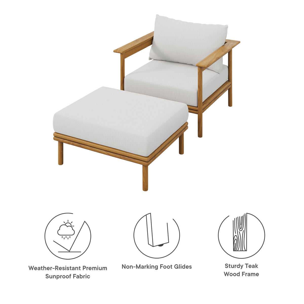Wren Outdoor Patio Teak Wood Armchair and Ottoman Set - Natural Sail