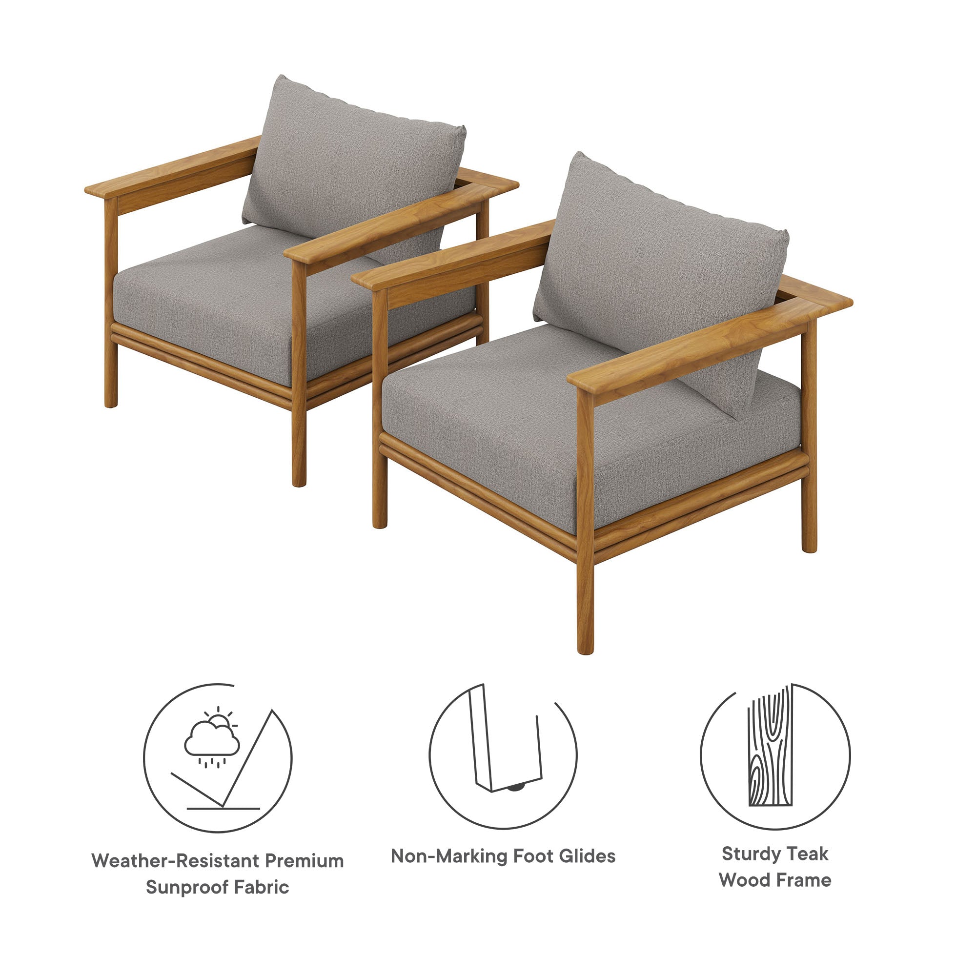 Wren Outdoor Patio Teak Wood Armchair Set of 2 - Natural Driftwood