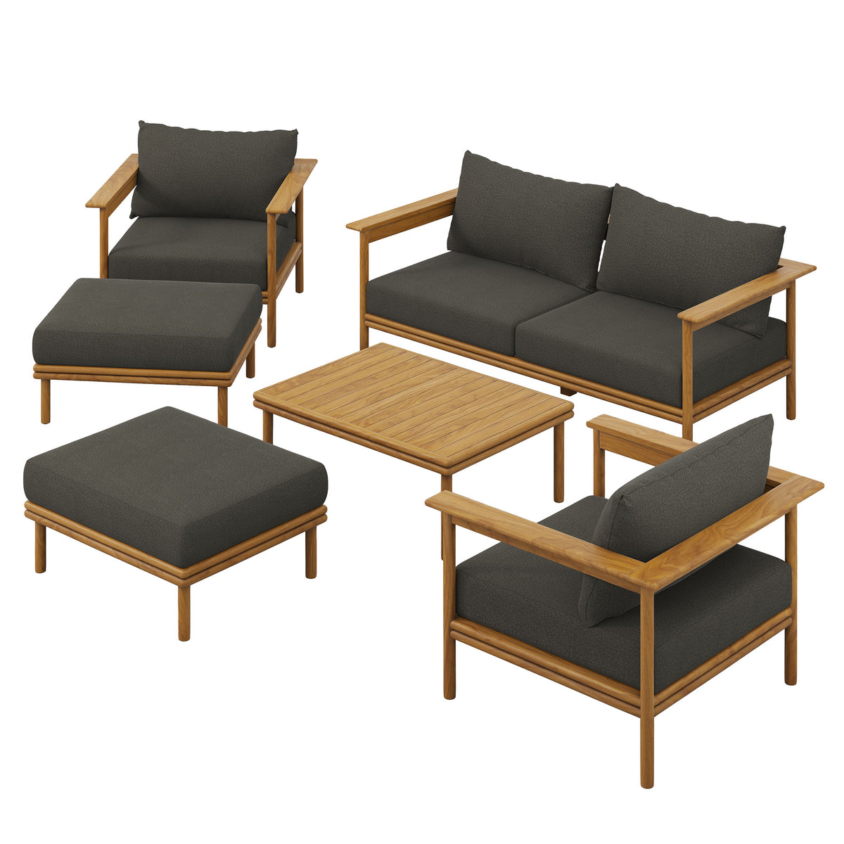 Wren 6-Piece Outdoor Patio Teak Wood Furniture Set - Natural Flint Gray
