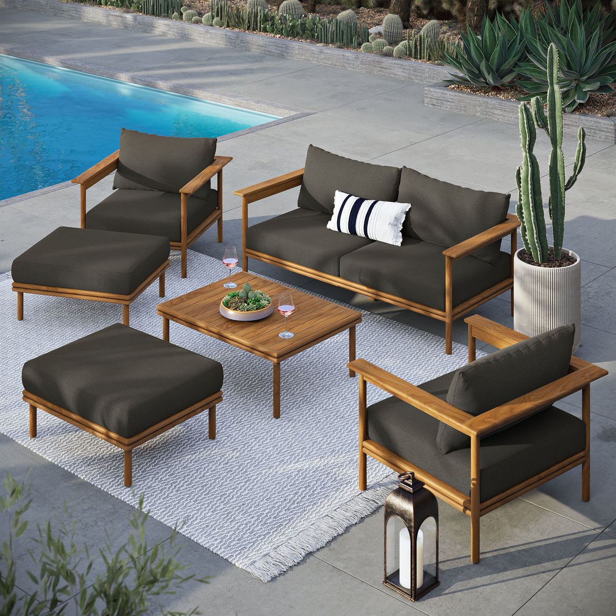 Wren 6-Piece Outdoor Patio Teak Wood Furniture Set - Natural Flint Gray