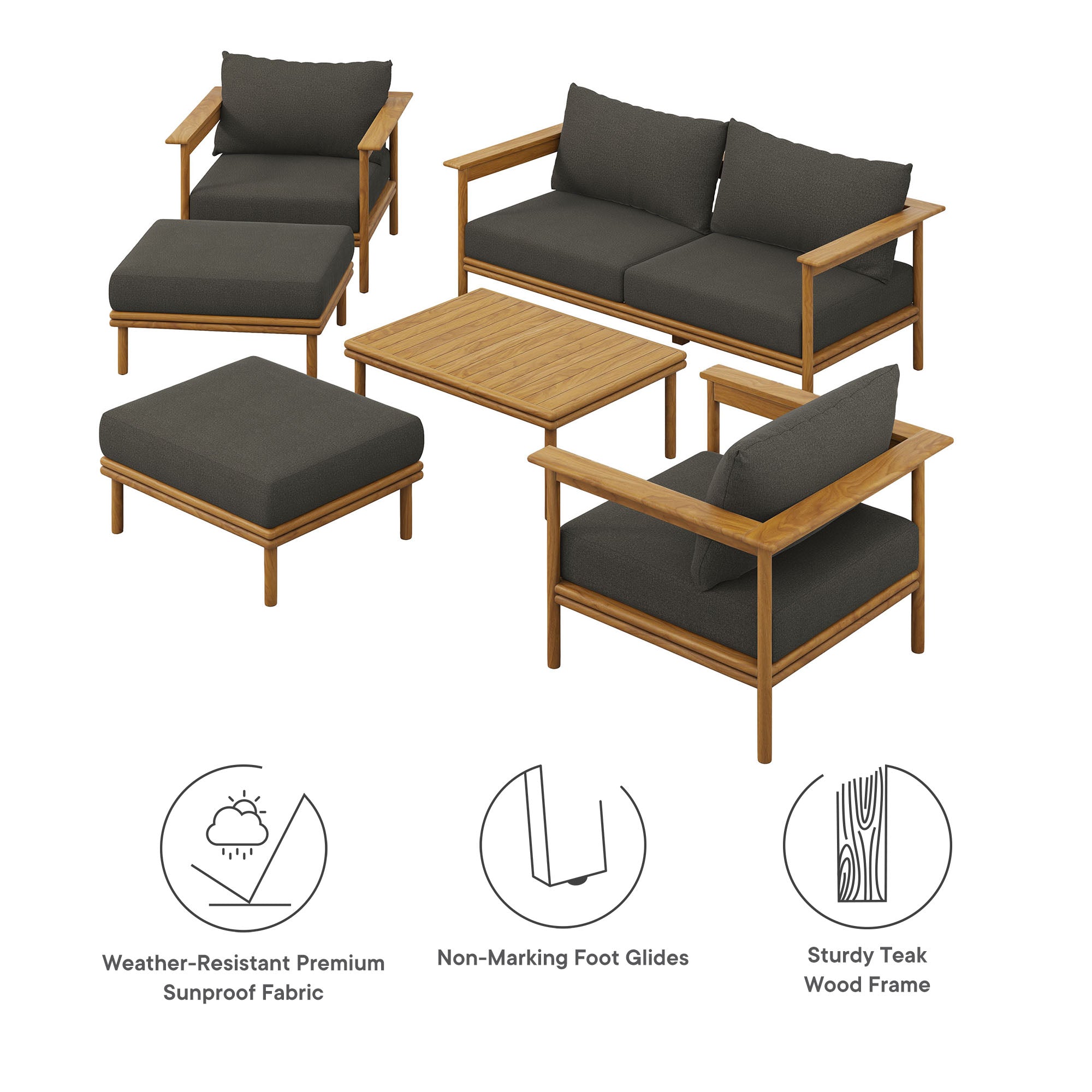 Wren 6-Piece Outdoor Patio Teak Wood Furniture Set - Natural Flint Gray