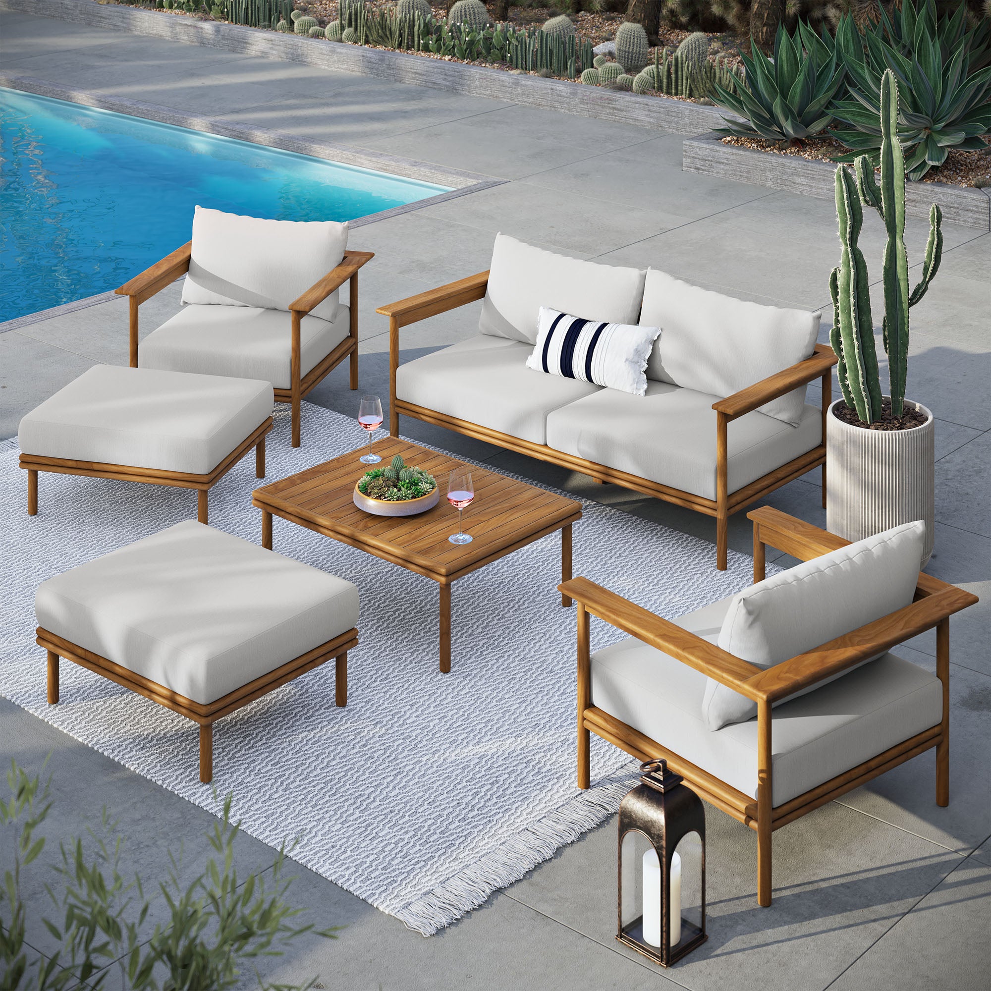 Wren 6-Piece Outdoor Patio Teak Wood Furniture Set - Natural Sail