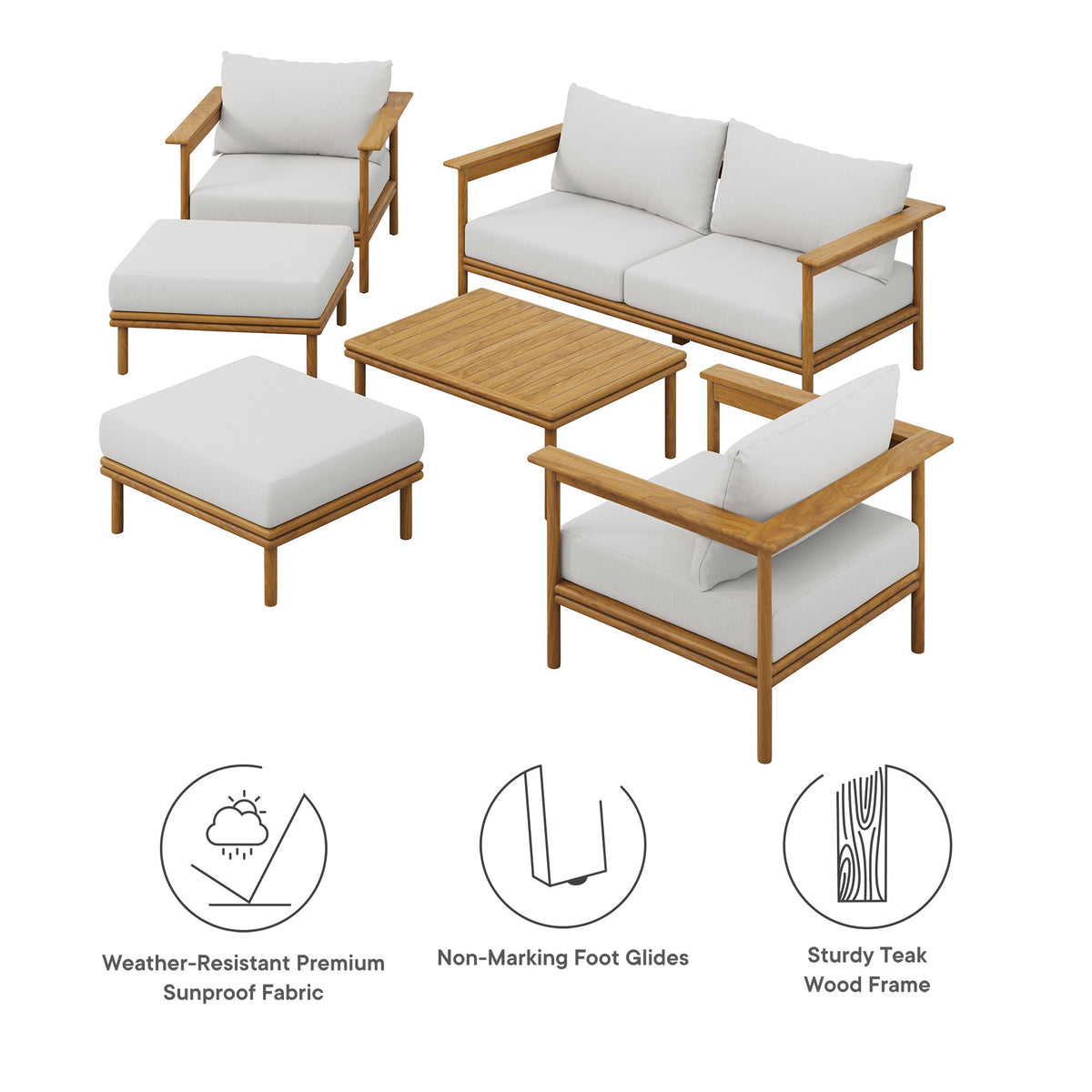 Wren 6-Piece Outdoor Patio Teak Wood Furniture Set - Natural Sail