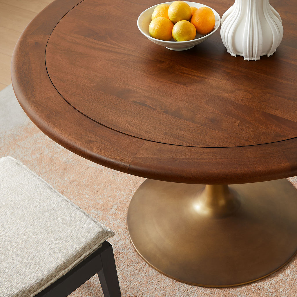 Lippa 48" Round Pedestal Solid Wood Dining Table - Brass Walnut