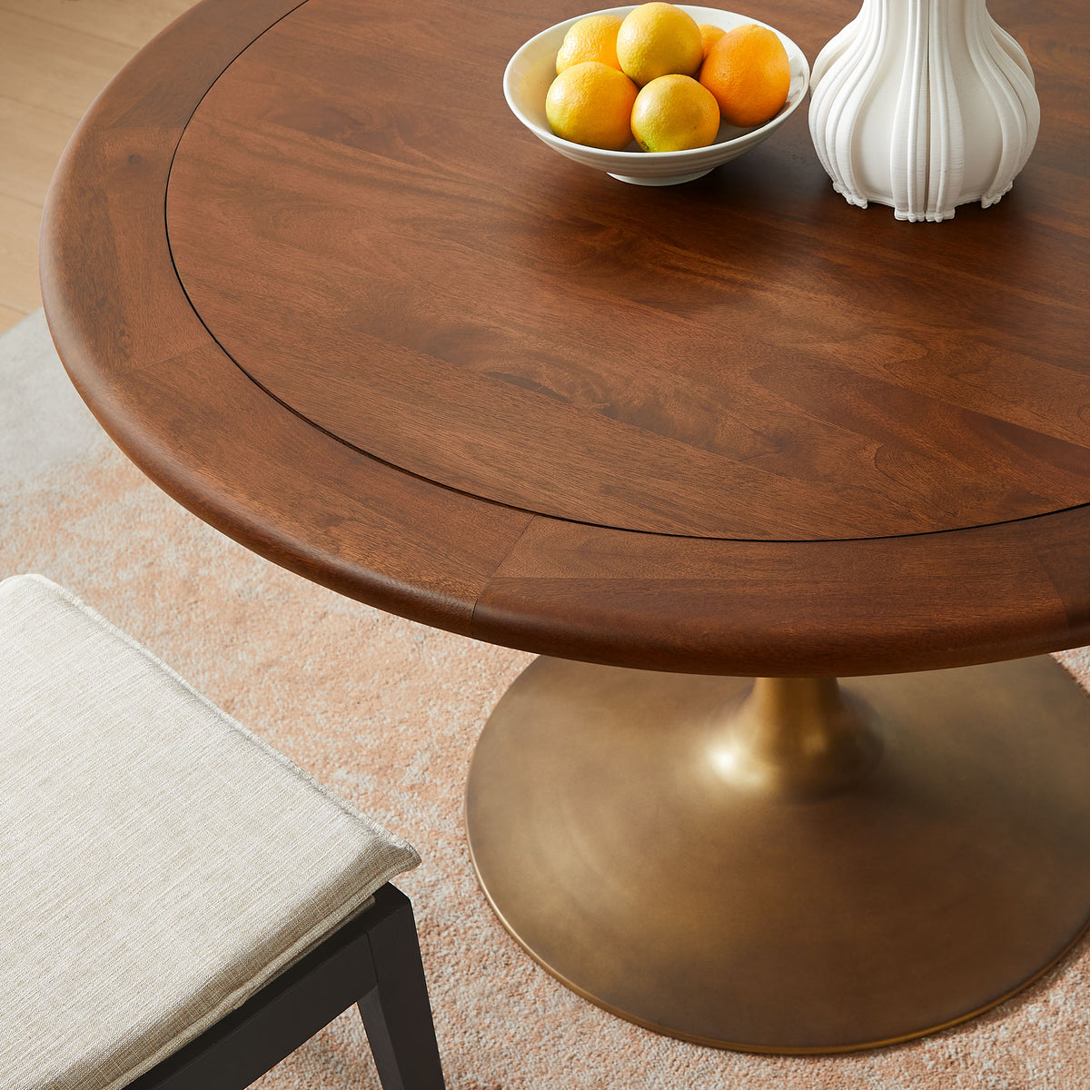 Lippa 48" Round Pedestal Solid Wood Dining Table - Brass Walnut