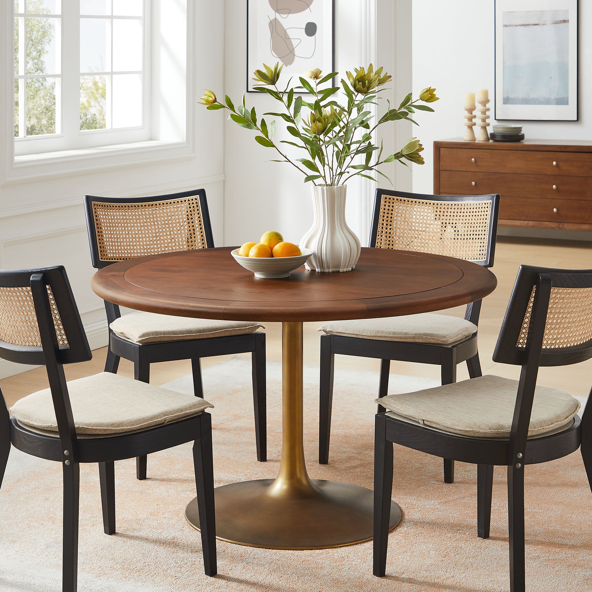 Lippa 48" Round Pedestal Solid Wood Dining Table - Brass Walnut