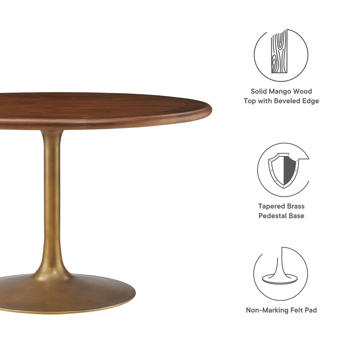 Lippa 48" Round Pedestal Solid Wood Dining Table - Brass Walnut