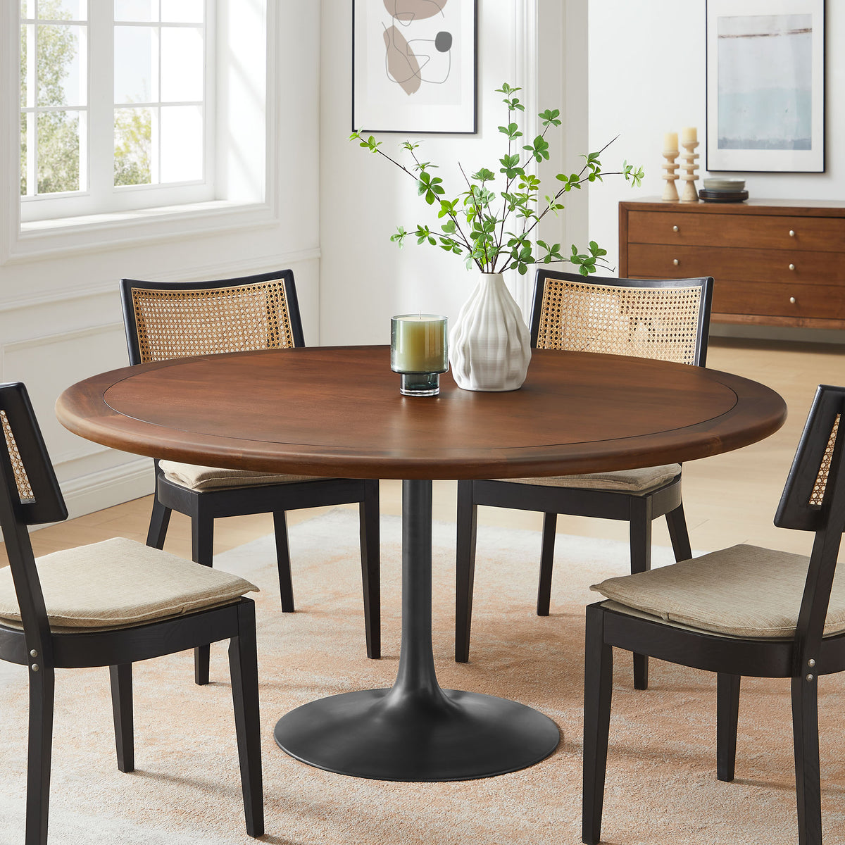 Lippa 60" Round Pedestal Solid Wood Dining Table - Black Walnut