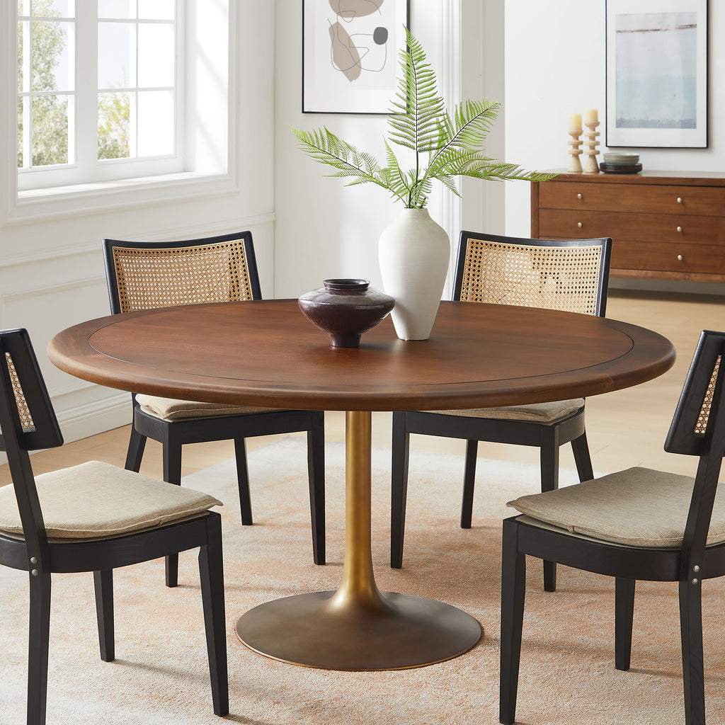 Lippa 60" Round Pedestal Solid Wood Dining Table - Brass Walnut