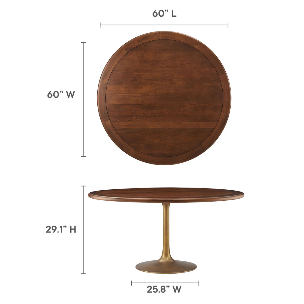 Lippa 60" Round Pedestal Solid Wood Dining Table - Brass Walnut