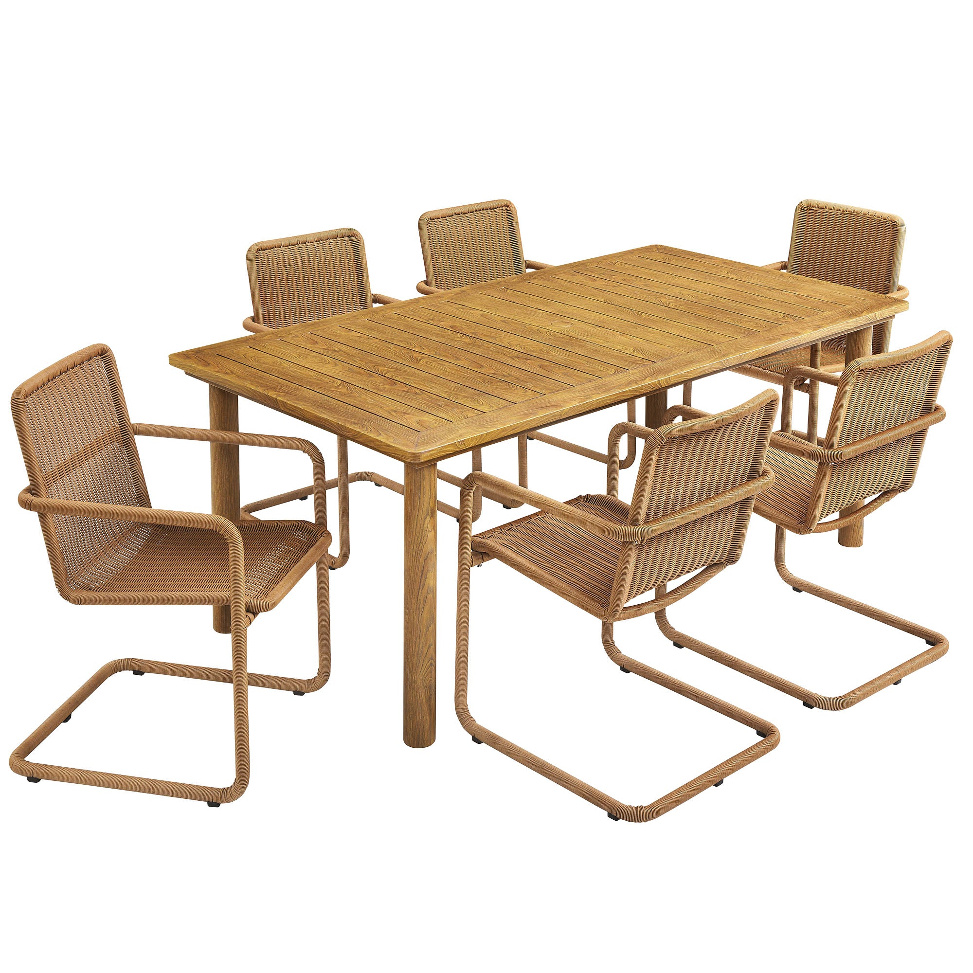 Abacus 7-Piece Rectangular Outdoor Patio Aluminum Dining Table Set with Rattan Armchairs - Natural Natural