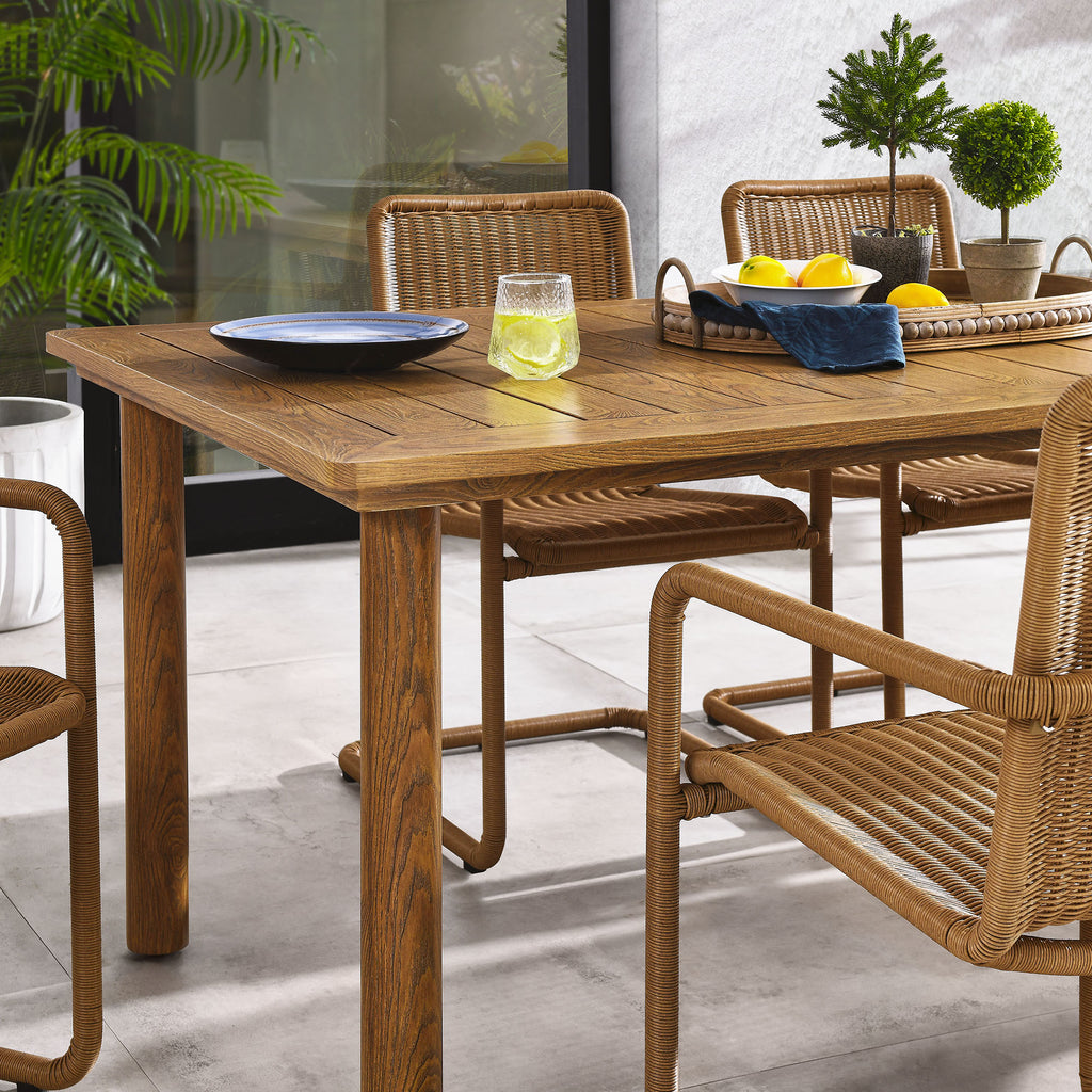 Abacus 7-Piece Rectangular Outdoor Patio Aluminum Dining Table Set with Rattan Armchairs - Natural Natural
