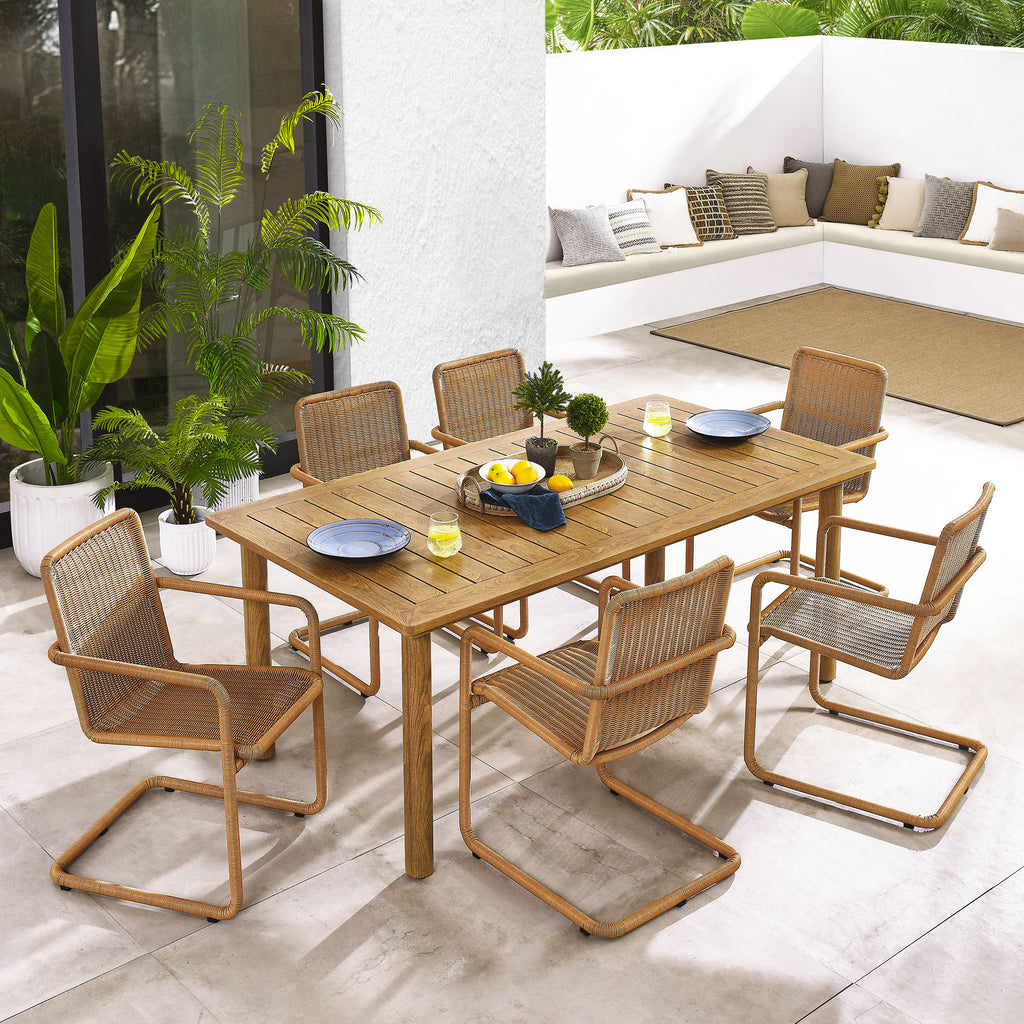 Abacus 7-Piece Rectangular Outdoor Patio Aluminum Dining Table Set with Rattan Armchairs - Natural Natural
