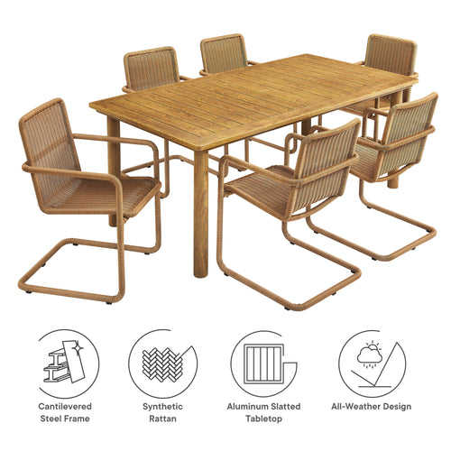 Abacus 7-Piece Rectangular Outdoor Patio Aluminum Dining Table Set with Rattan Armchairs - Natural Natural
