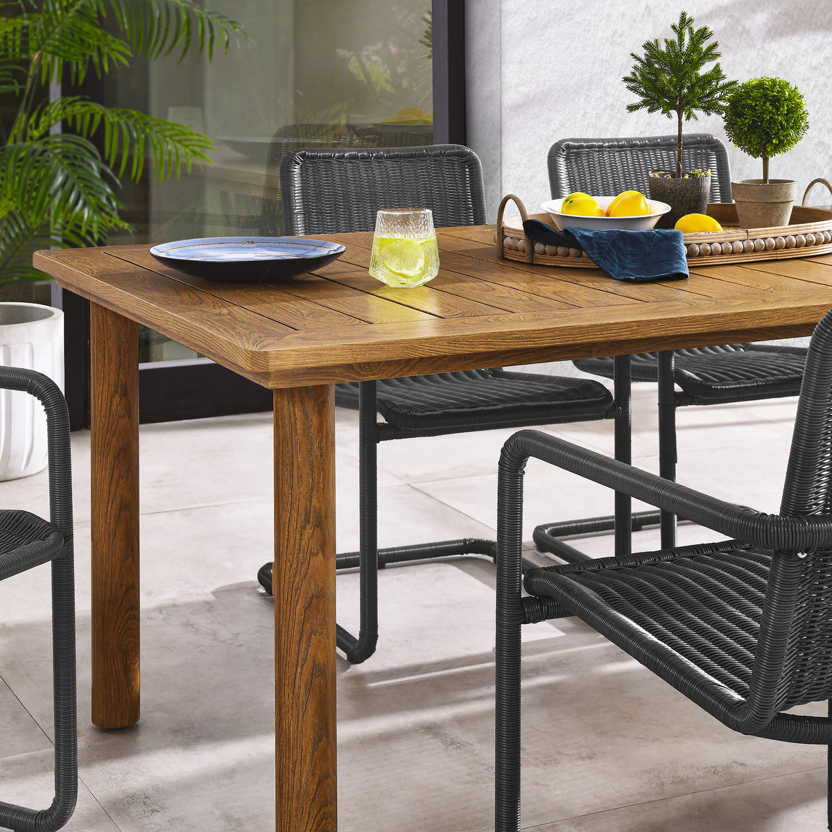 Abacus 7-Piece Rectangular Outdoor Patio Aluminum Dining Table Set with Rattan Armchairs - Slate Natural