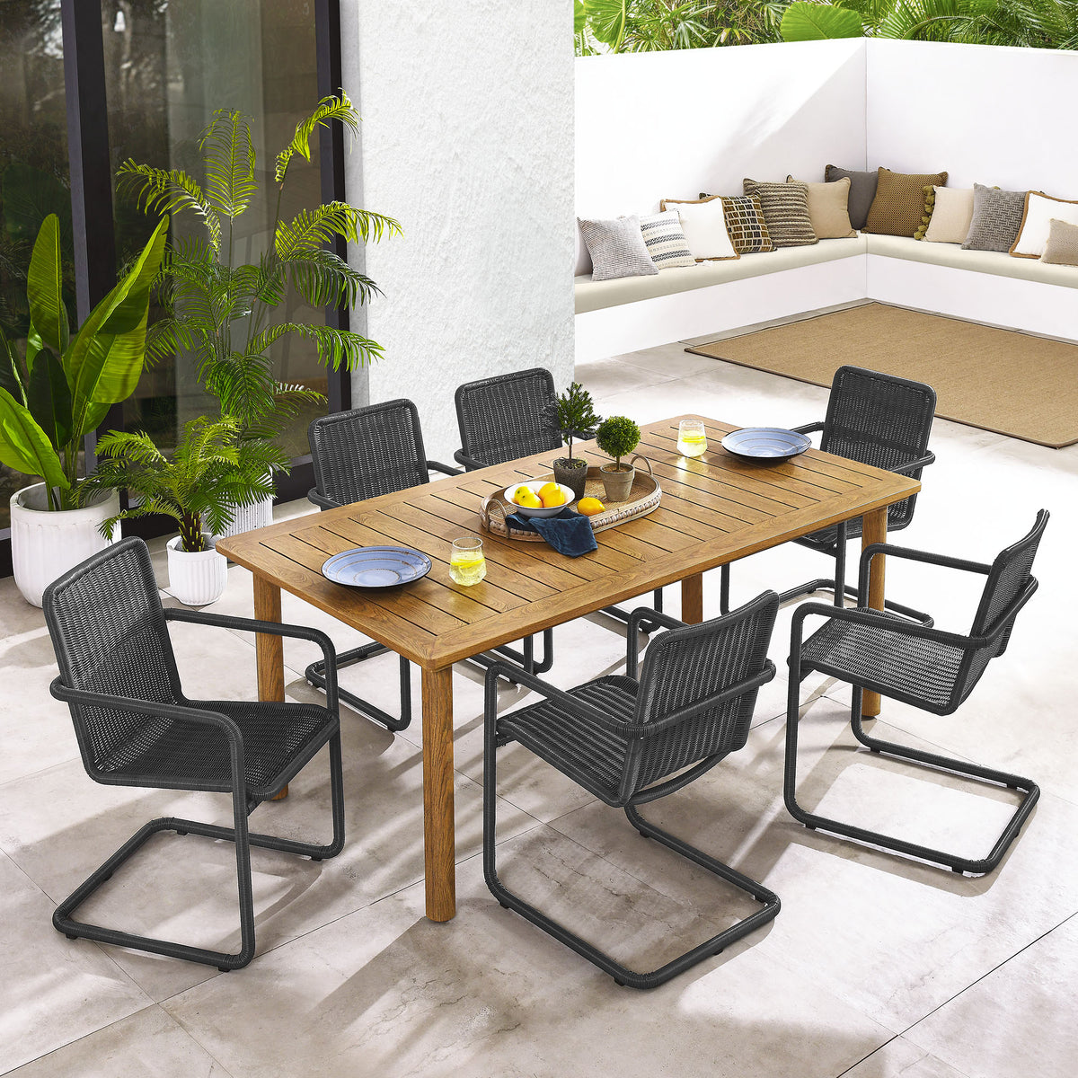 Abacus 7-Piece Rectangular Outdoor Patio Aluminum Dining Table Set with Rattan Armchairs - Slate Natural