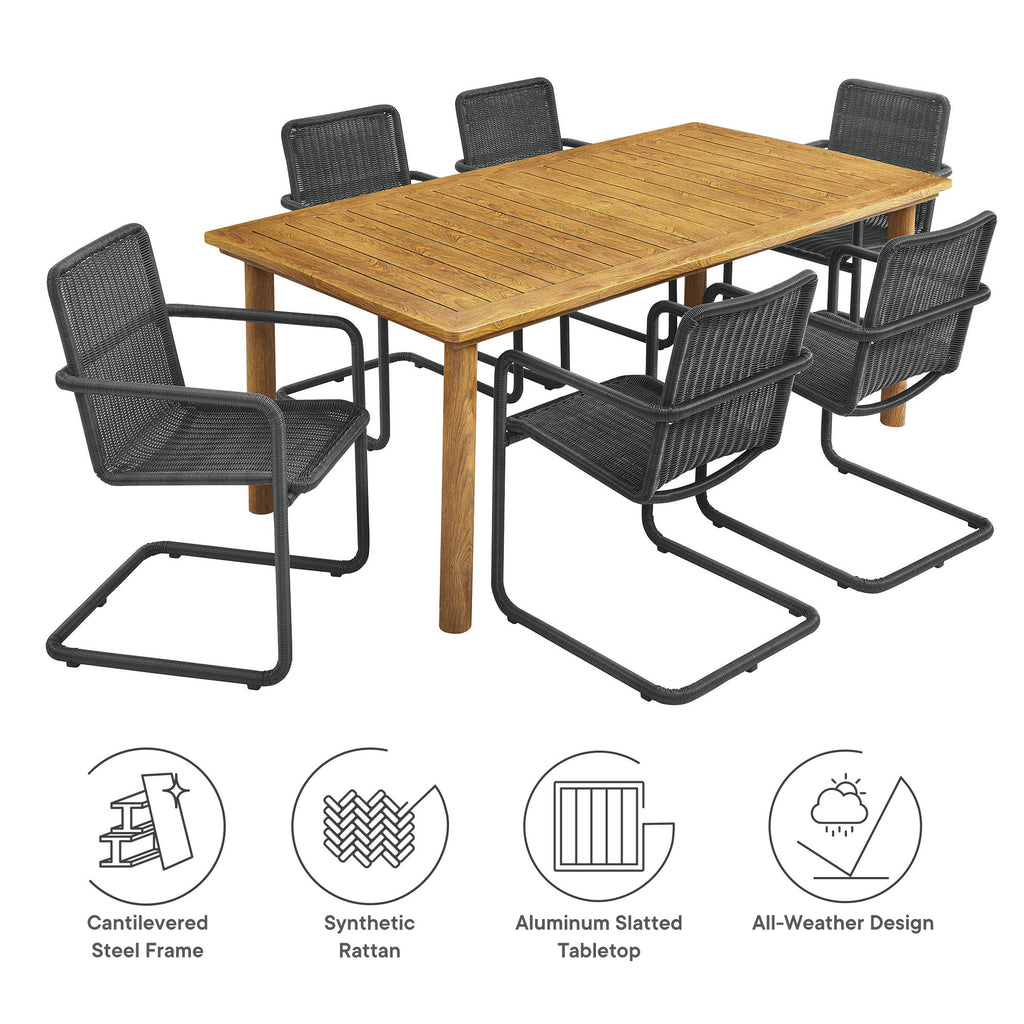 Abacus 7-Piece Rectangular Outdoor Patio Aluminum Dining Table Set with Rattan Armchairs - Slate Natural