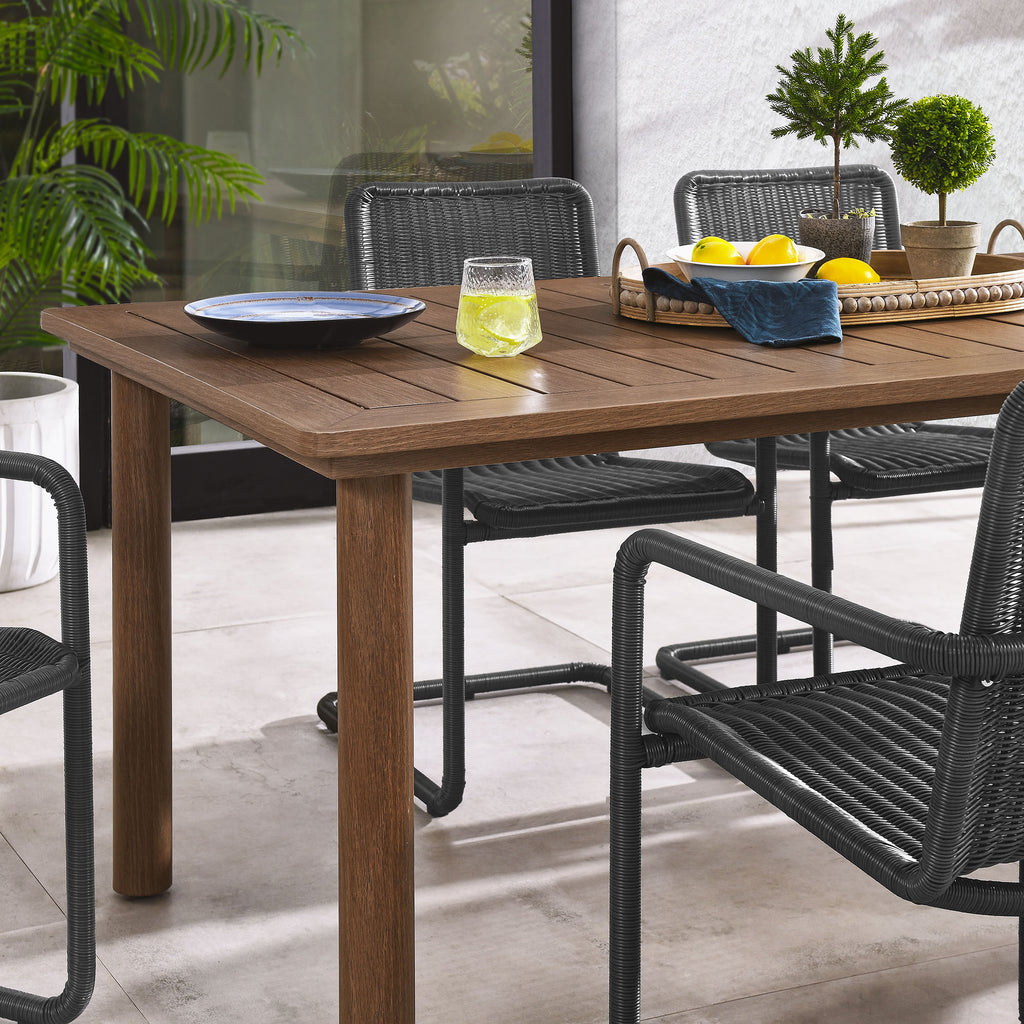 Abacus 7-Piece Rectangular Outdoor Patio Aluminum Dining Table Set with Rattan Armchairs - Slate Walnut