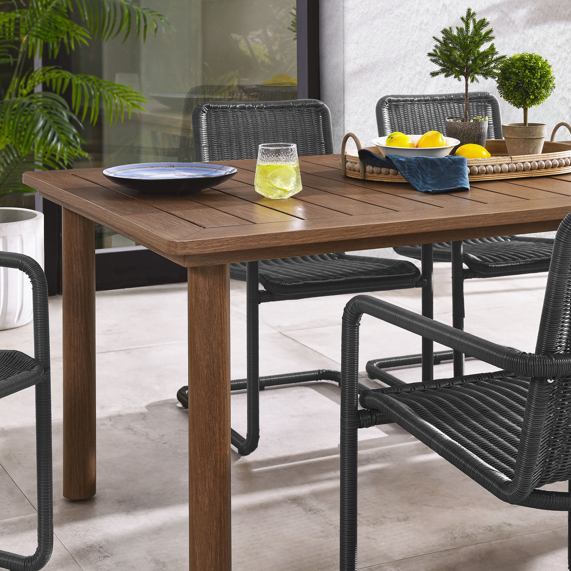 Abacus 7-Piece Rectangular Outdoor Patio Aluminum Dining Table Set with Rattan Armchairs - Slate Walnut