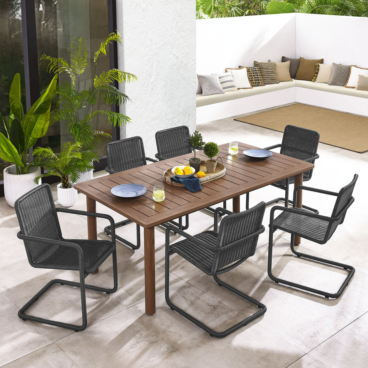 Abacus 7-Piece Rectangular Outdoor Patio Aluminum Dining Table Set with Rattan Armchairs - Slate Walnut