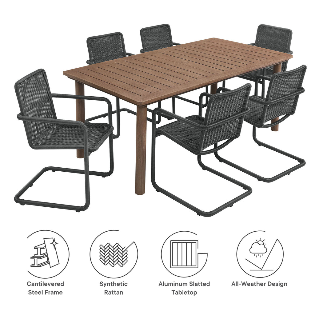 Abacus 7-Piece Rectangular Outdoor Patio Aluminum Dining Table Set with Rattan Armchairs - Slate Walnut