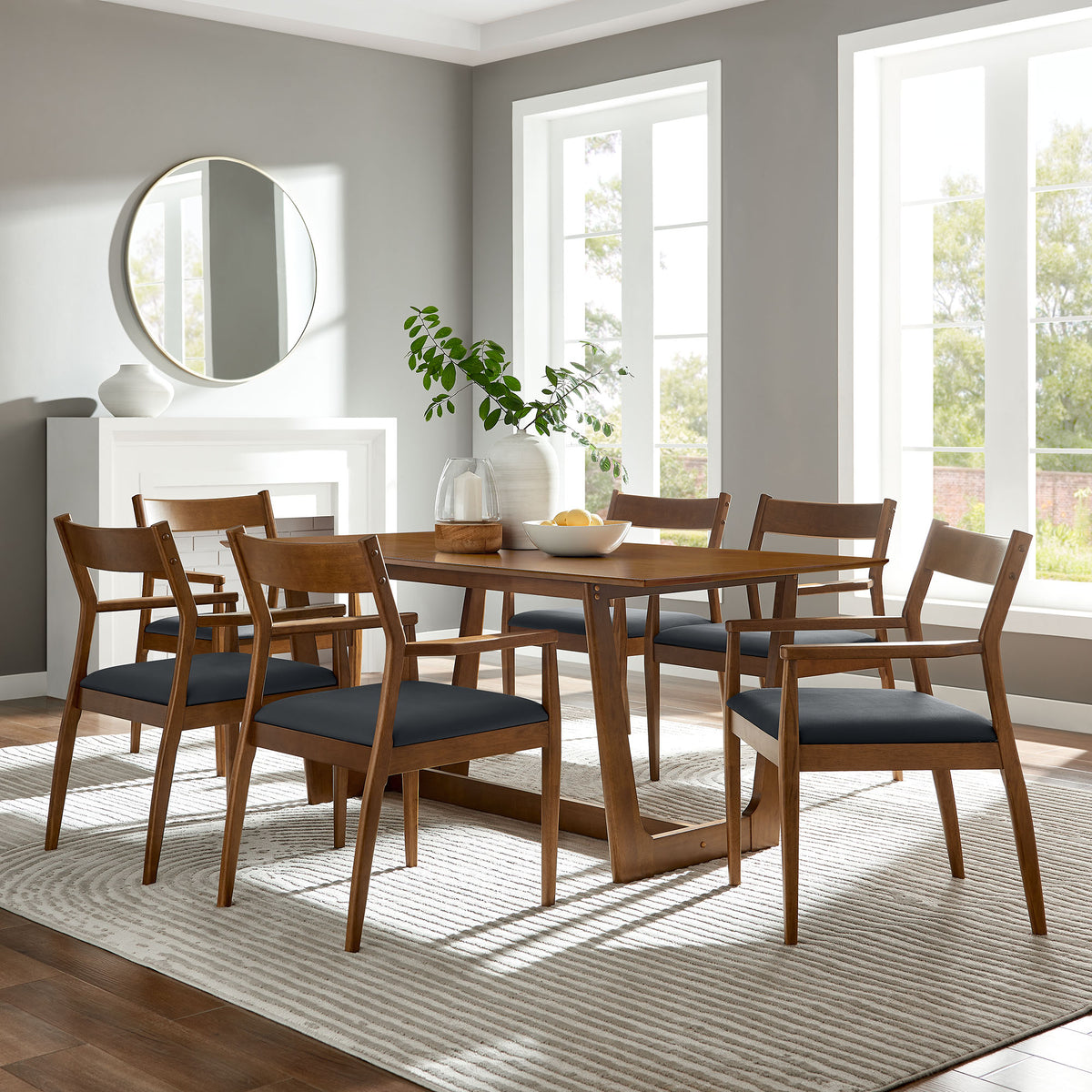 Solara 7-Piece Wood Dining Set with Vegan Leather Armchairs - Walnut Black