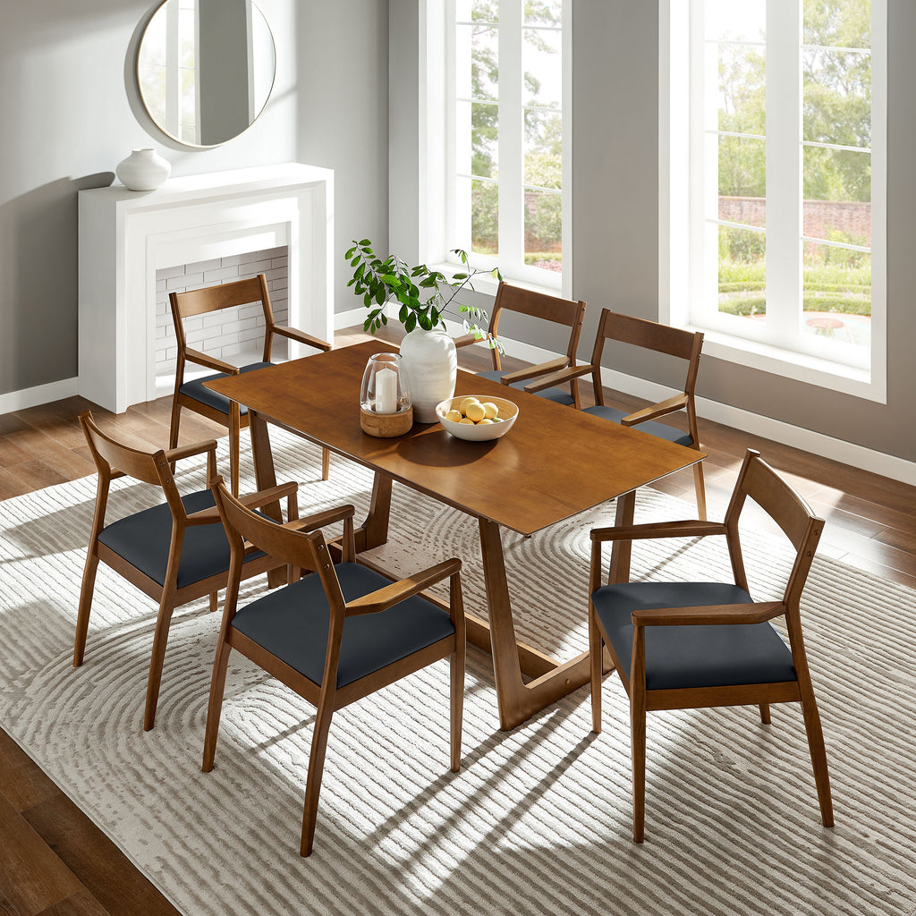 Solara 7-Piece Wood Dining Set with Vegan Leather Armchairs - Walnut Black