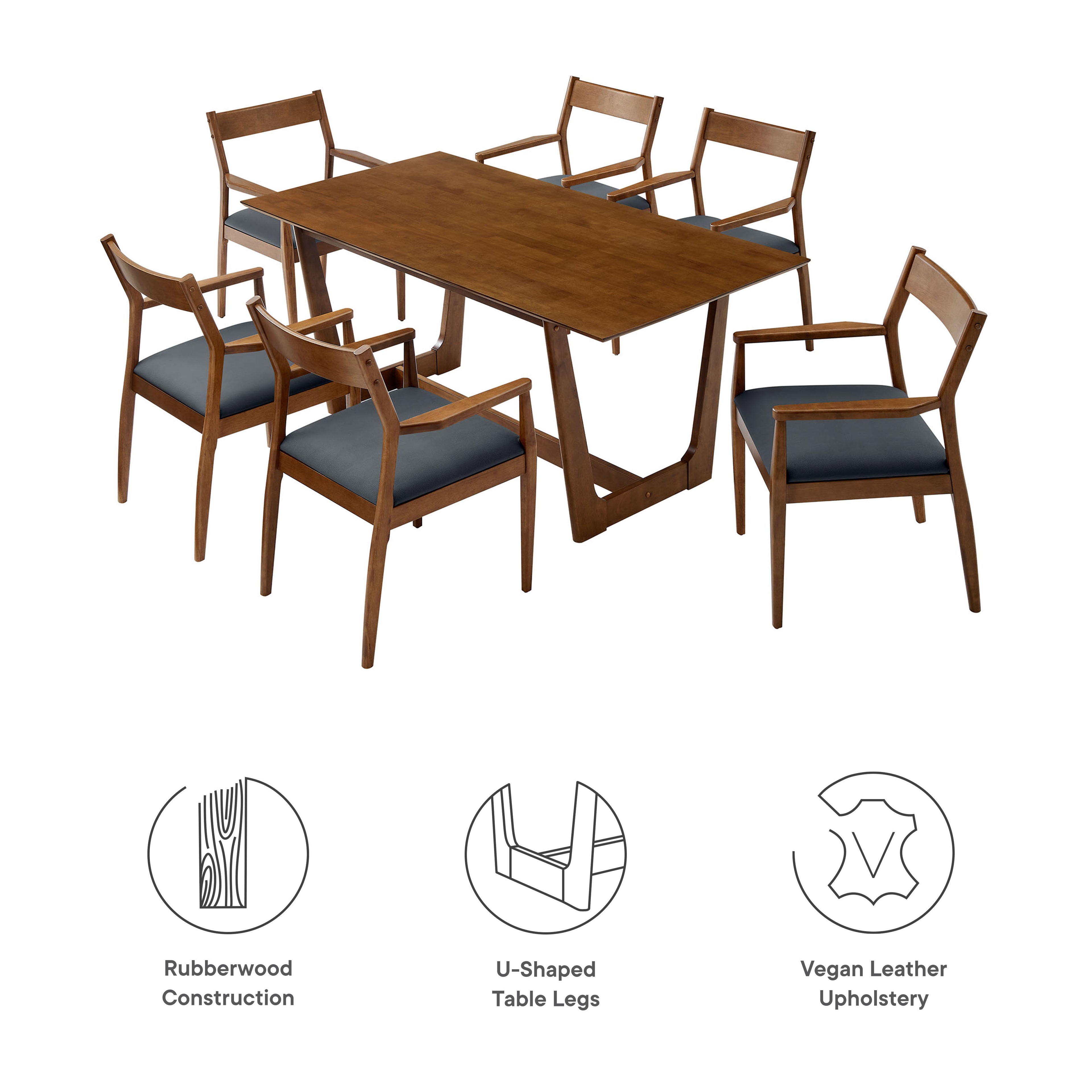 Solara 7-Piece Wood Dining Set with Vegan Leather Armchairs - Walnut Black