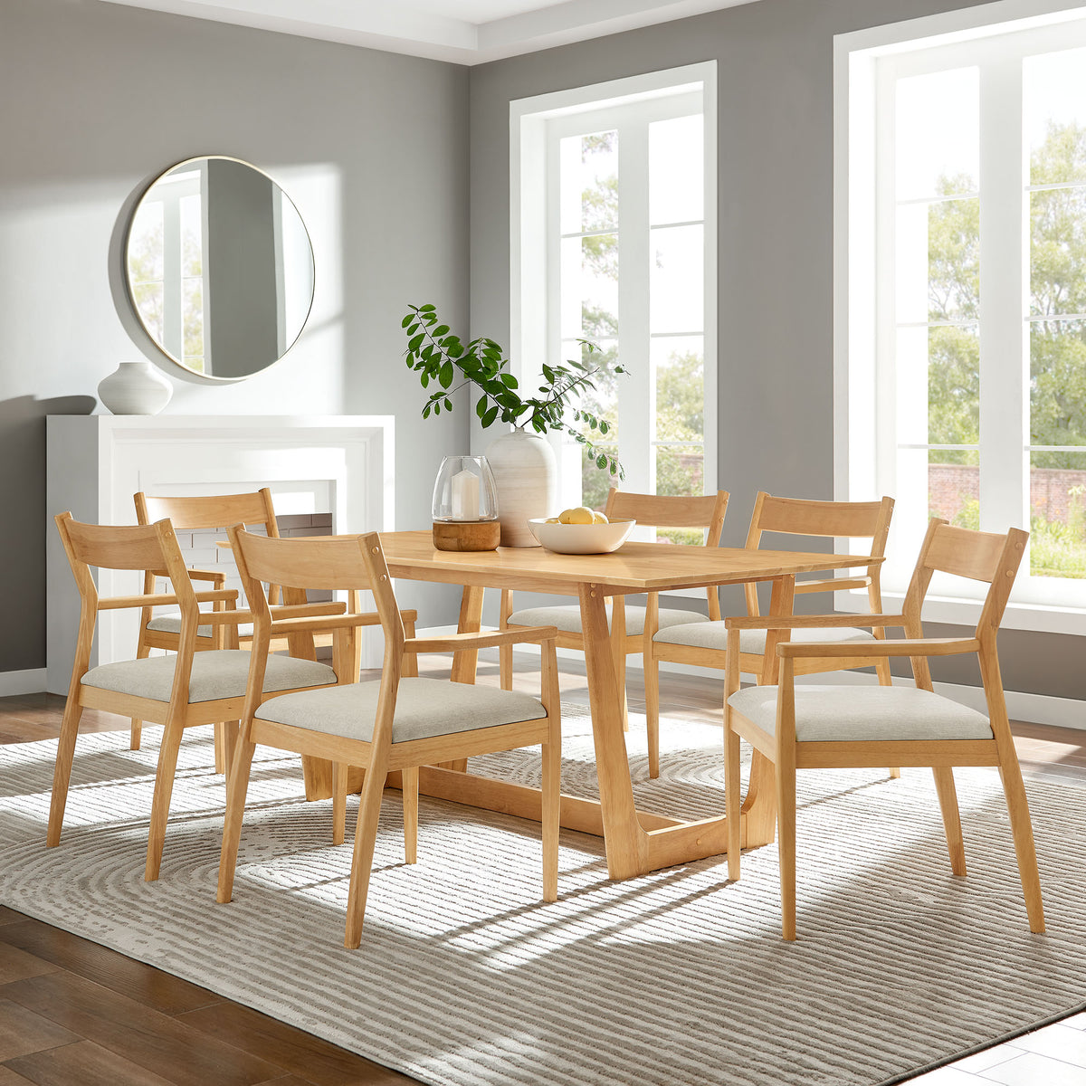 Solara 7-Piece Wood Dining Set with Fabric Upholstered Armchairs - Natural Heathered Weave Beige