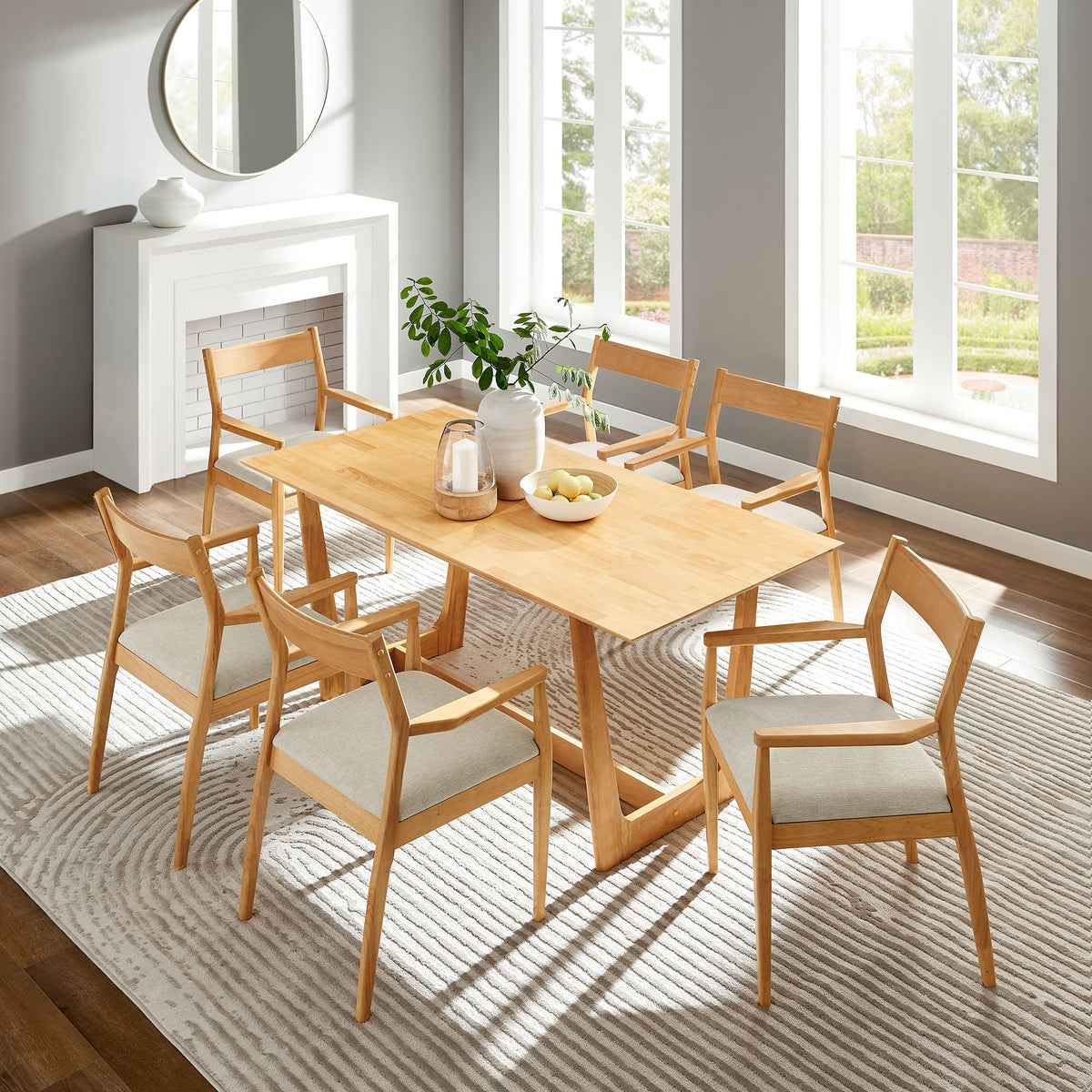 Solara 7-Piece Wood Dining Set with Fabric Upholstered Armchairs - Natural Heathered Weave Beige