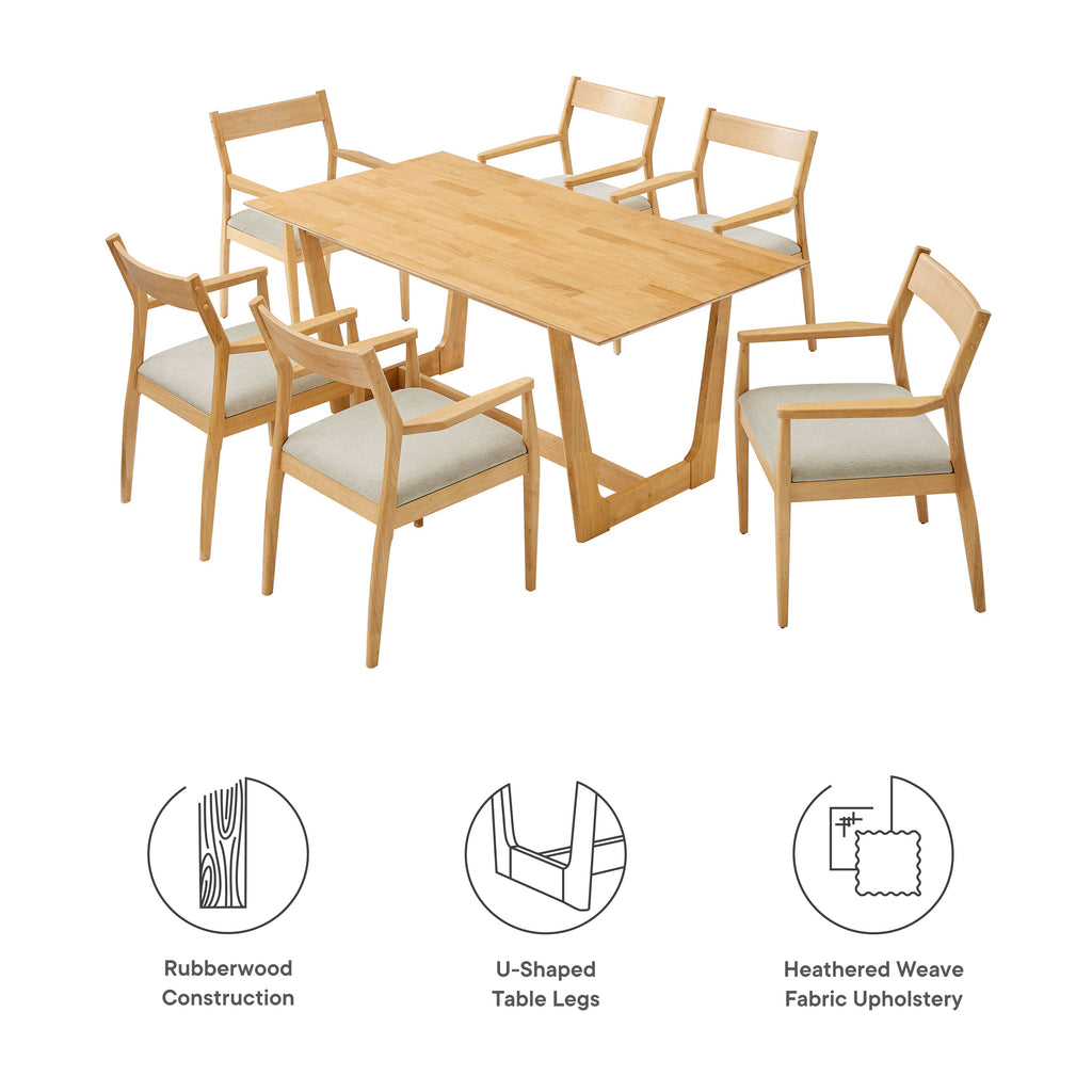 Solara 7-Piece Wood Dining Set with Fabric Upholstered Armchairs - Natural Heathered Weave Beige