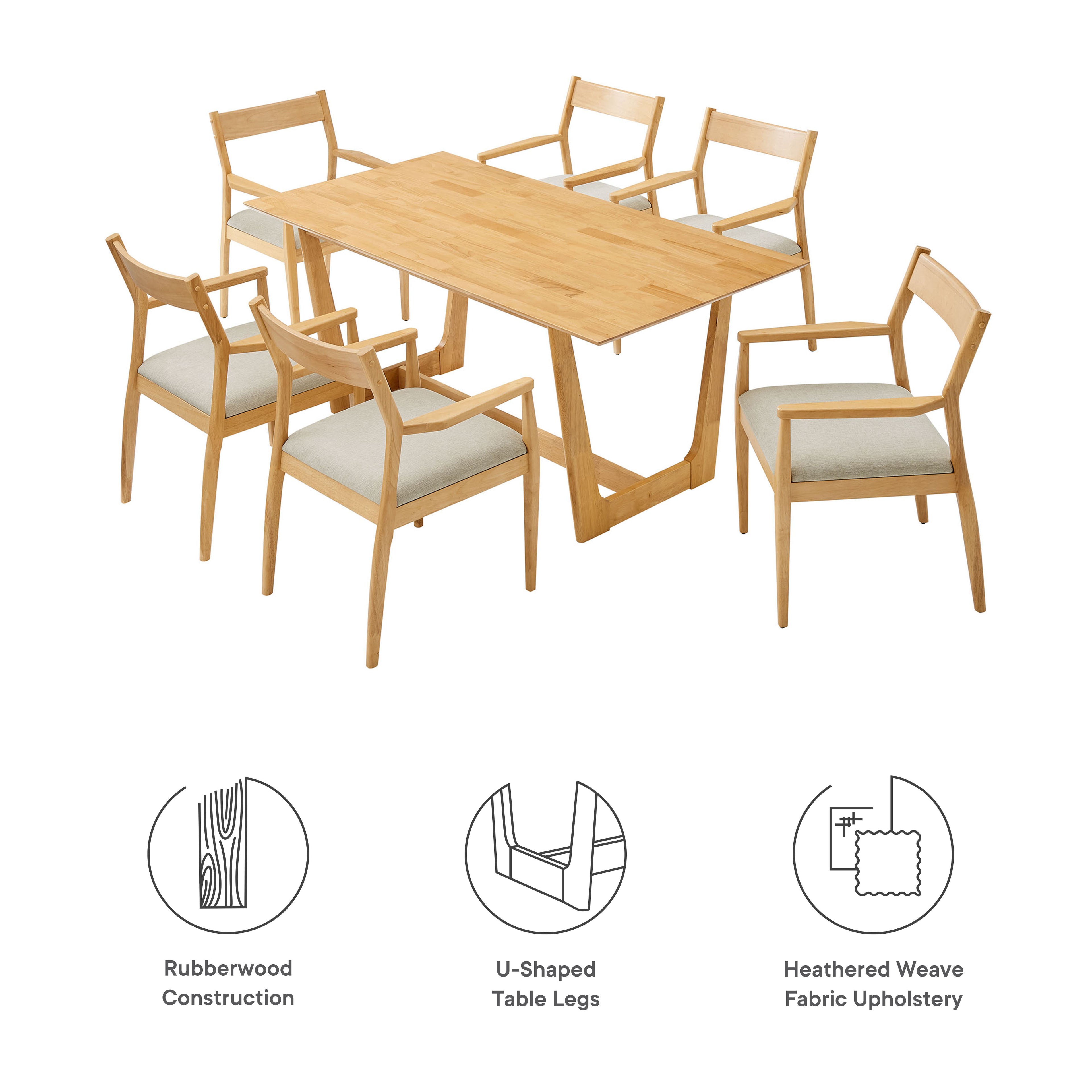Solara 7-Piece Wood Dining Set with Fabric Upholstered Armchairs - Natural Heathered Weave Beige