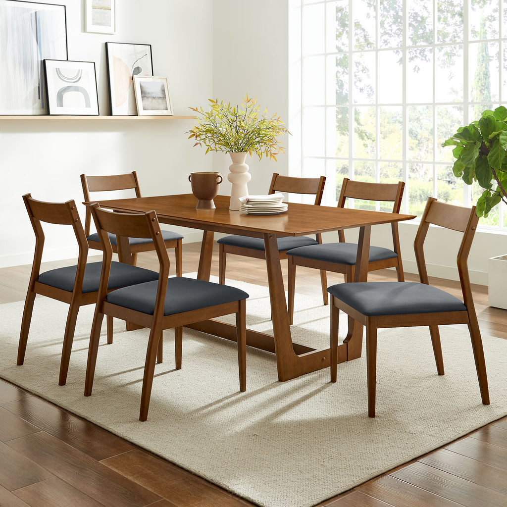 Solara 7-Piece Wood Dining Set with Vegan Leather Side Chairs - Walnut Black
