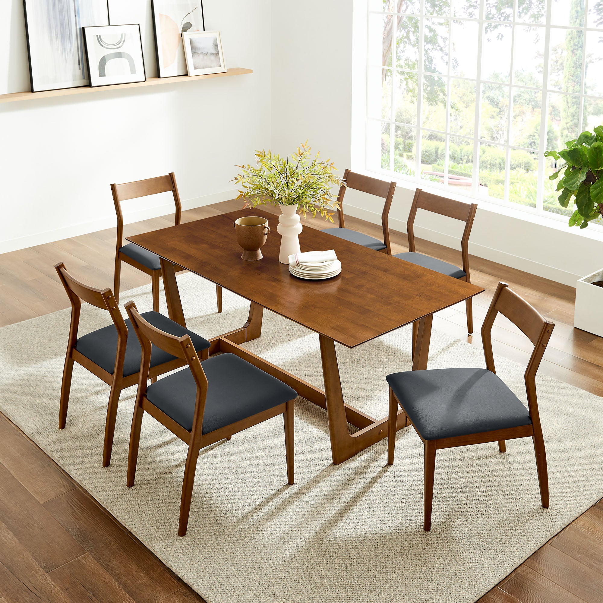 Solara 7-Piece Wood Dining Set with Vegan Leather Side Chairs - Walnut Black