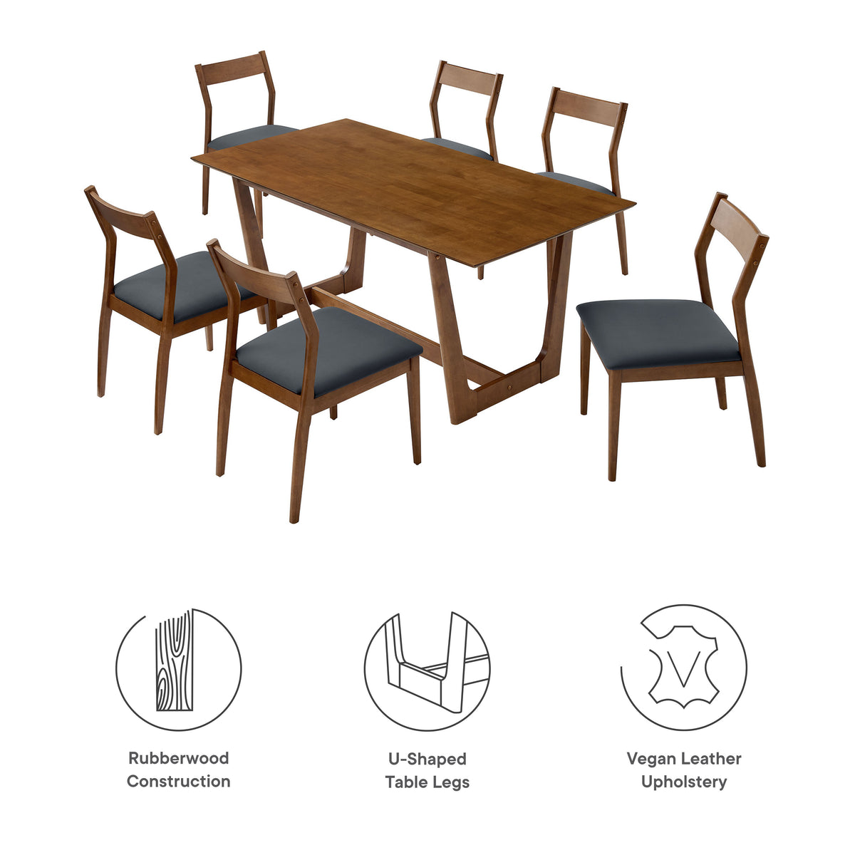 Solara 7-Piece Wood Dining Set with Vegan Leather Side Chairs - Walnut Black