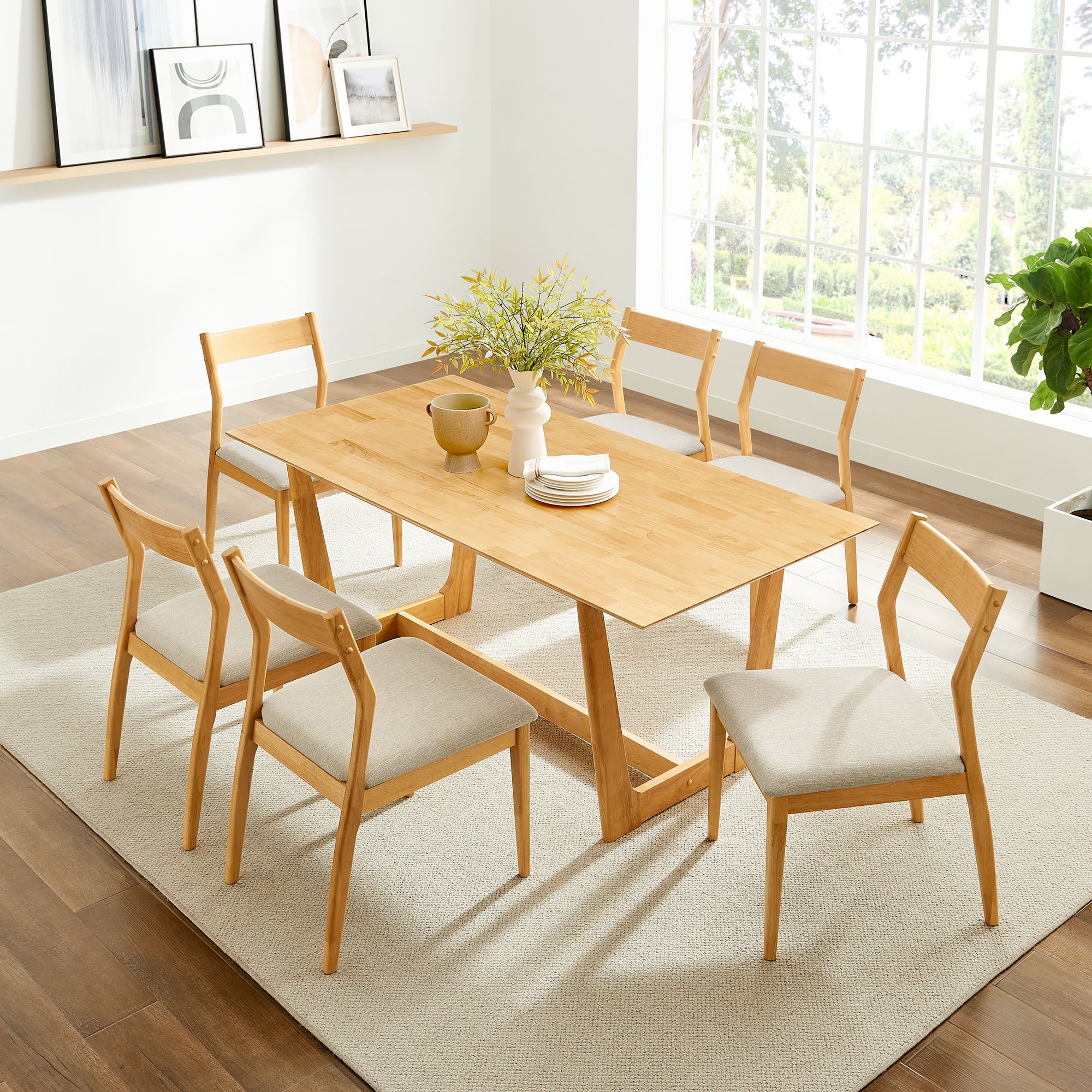 Solara 7-Piece Wood Dining Set with Fabric Upholstered Side Chairs - Natural Heathered Weave Beige