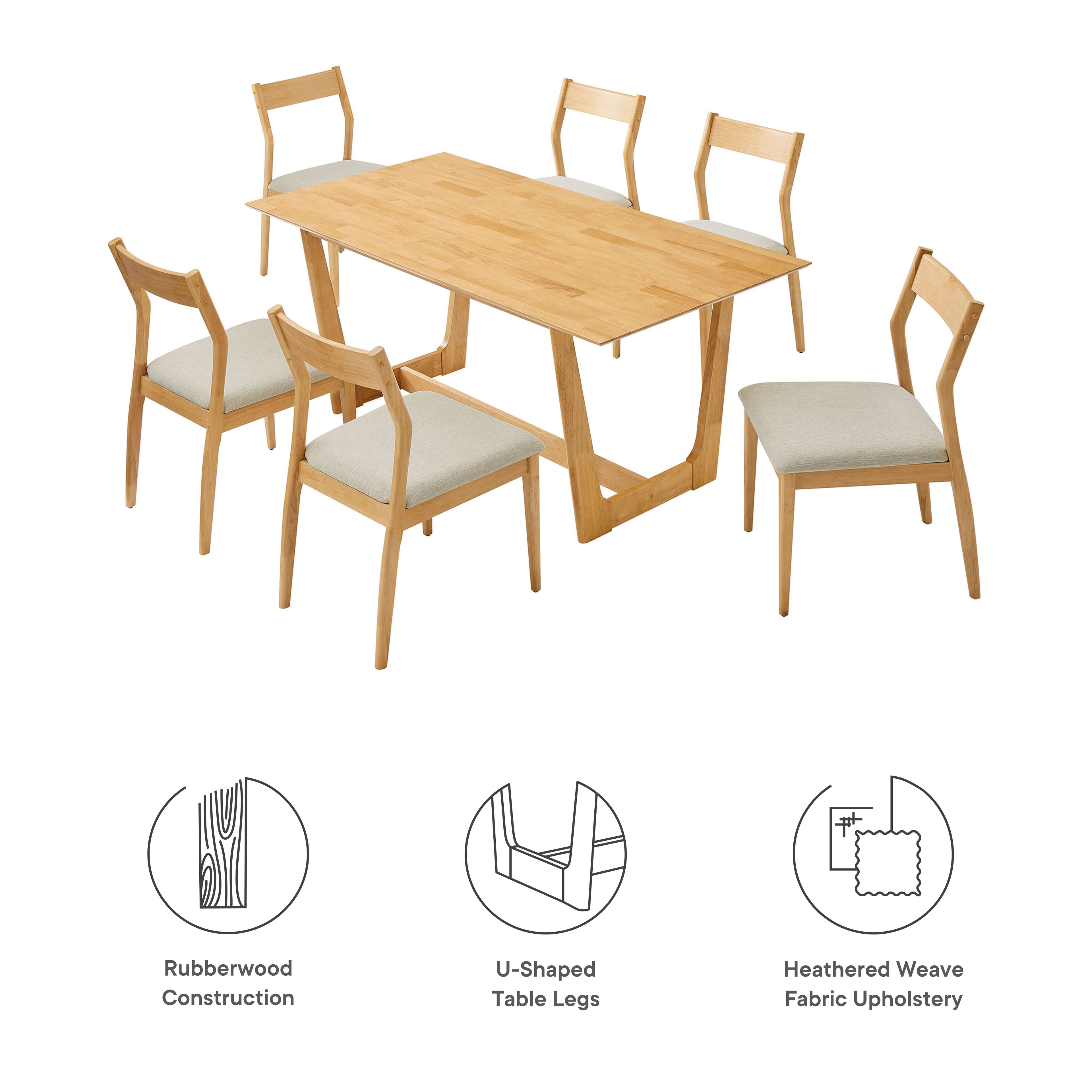 Solara 7-Piece Wood Dining Set with Fabric Upholstered Side Chairs - Natural Heathered Weave Beige