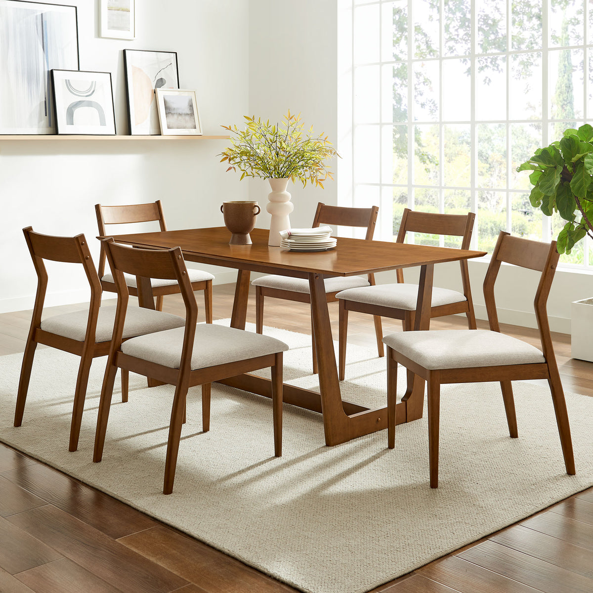 Solara 7-Piece Wood Dining Set with Fabric Upholstered Side Chairs - Walnut Heathered Weave Beige