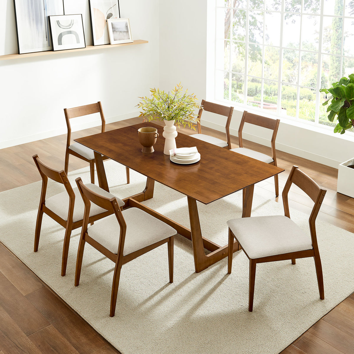 Solara 7-Piece Wood Dining Set with Fabric Upholstered Side Chairs - Walnut Heathered Weave Beige