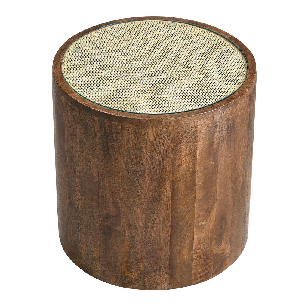Truett Round Wood Rattan Side Table - Walnut