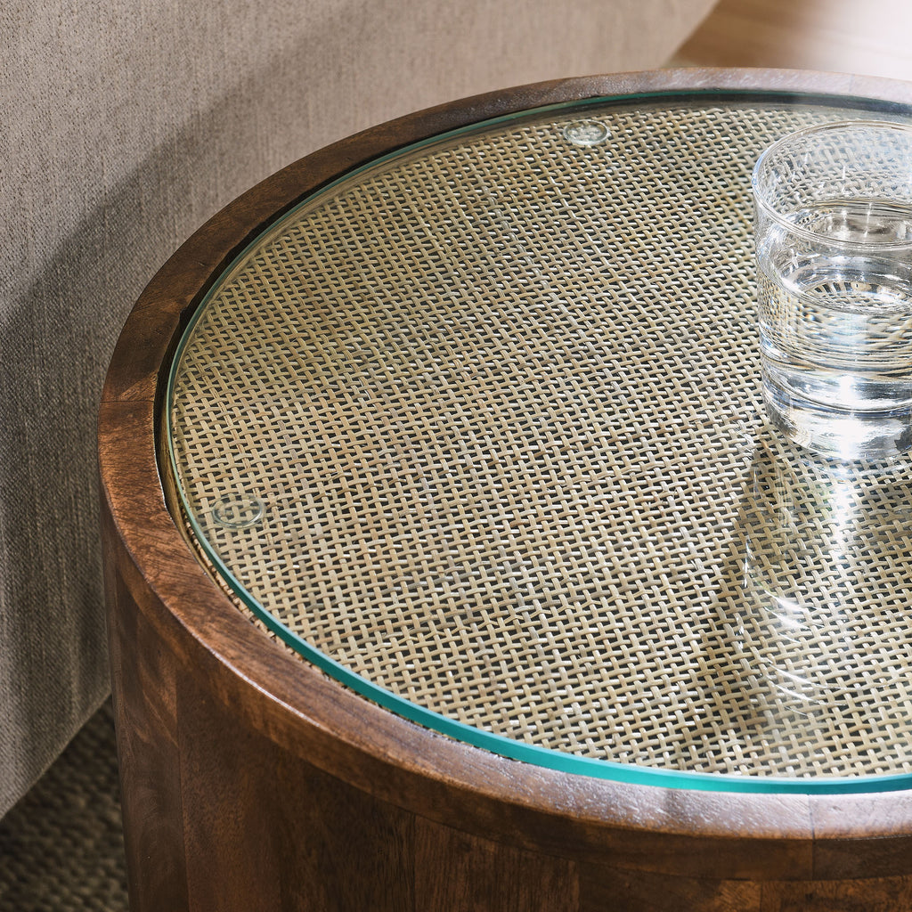 Truett Round Wood Rattan Side Table - Walnut