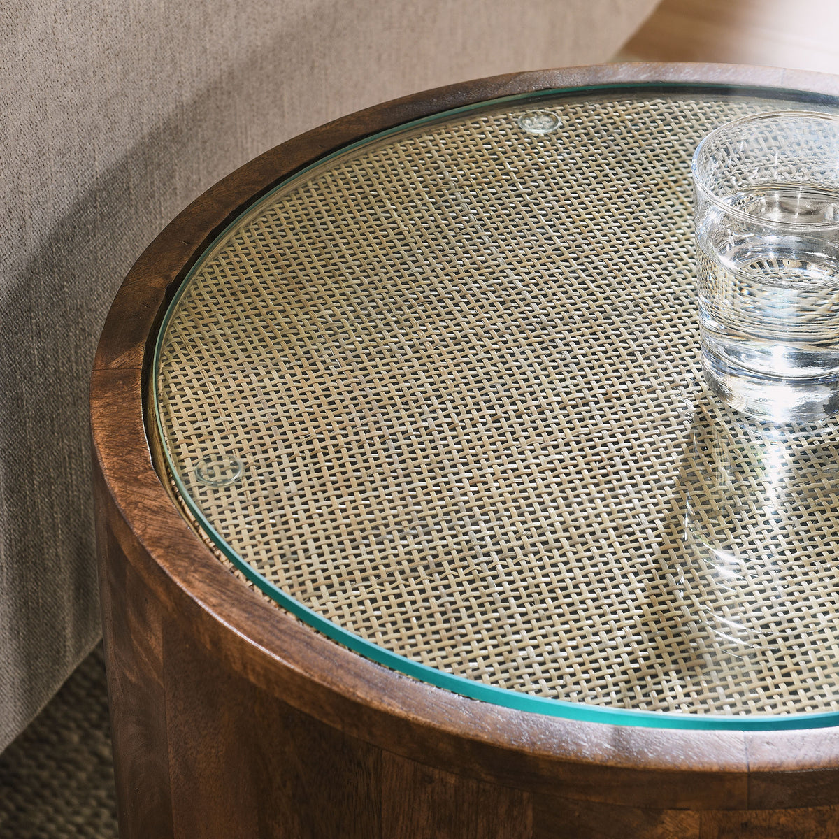 Truett Round Wood Rattan Side Table - Walnut