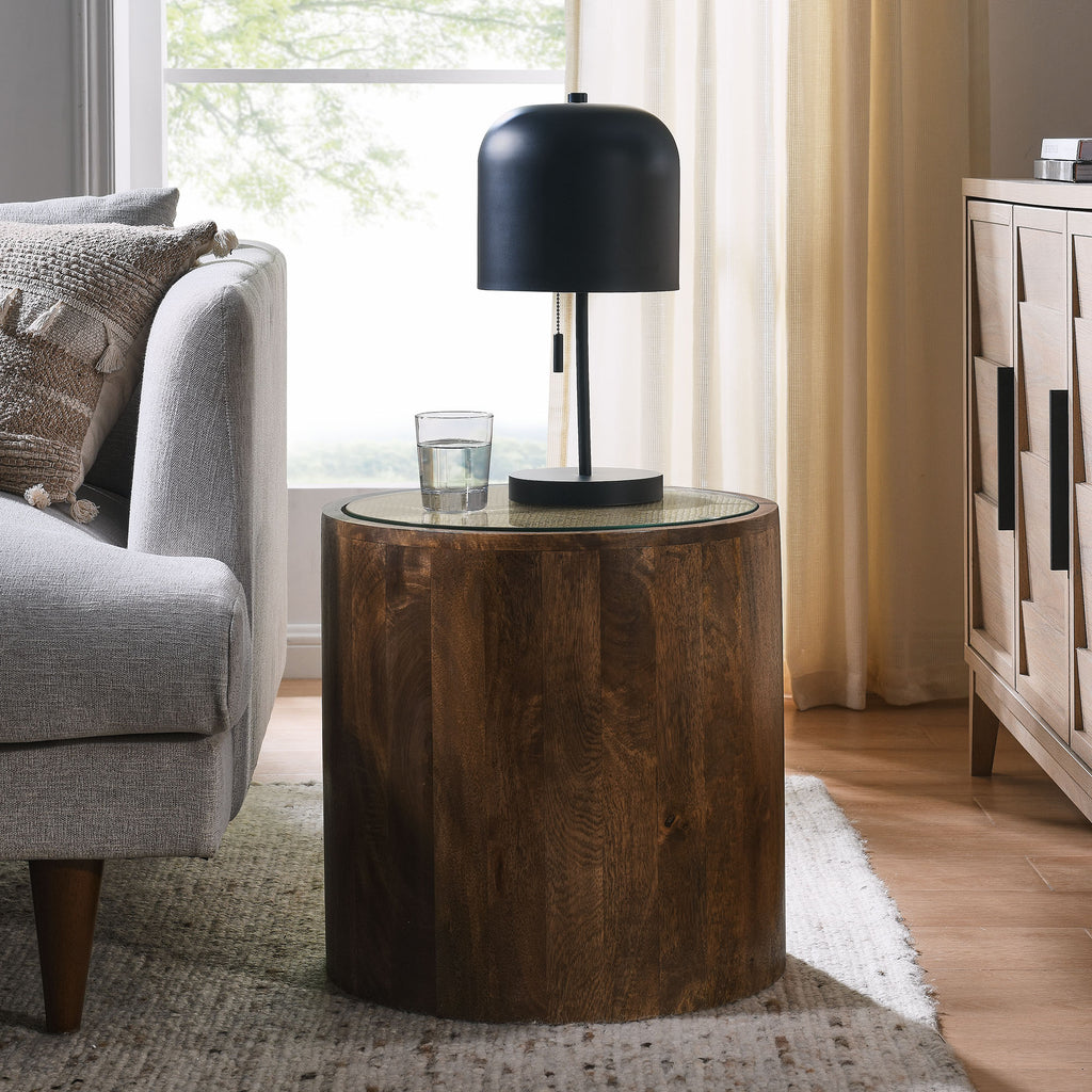 Truett Round Wood Rattan Side Table - Walnut