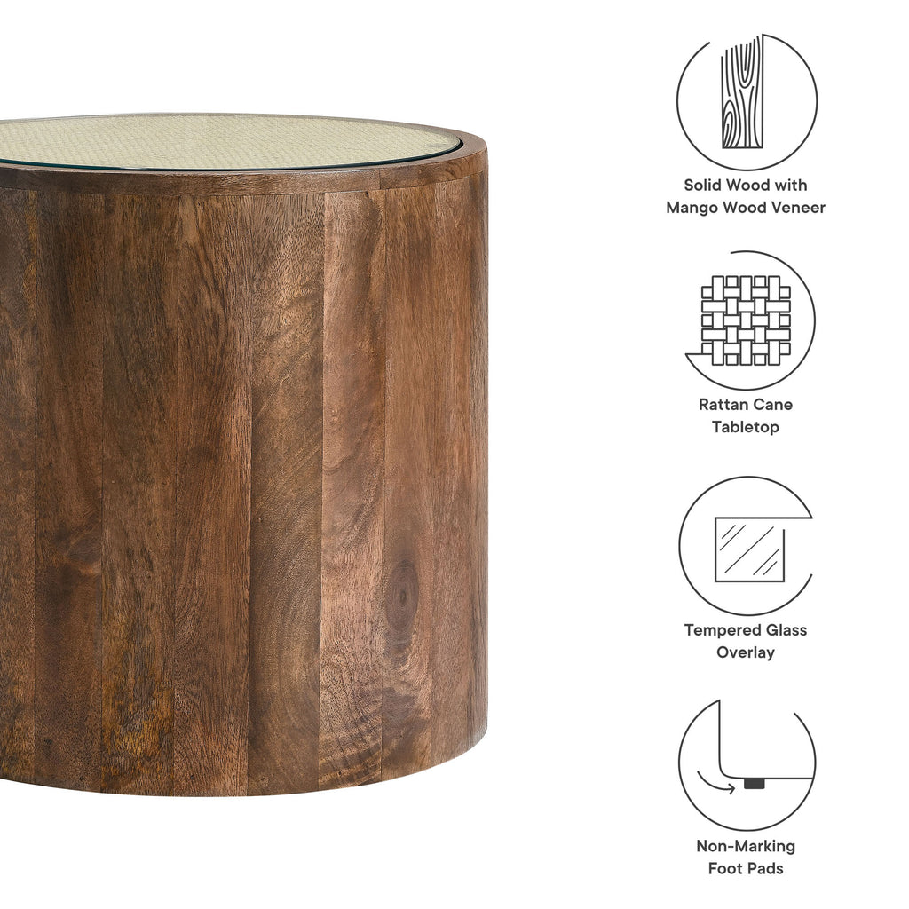Truett Round Wood Rattan Side Table - Walnut