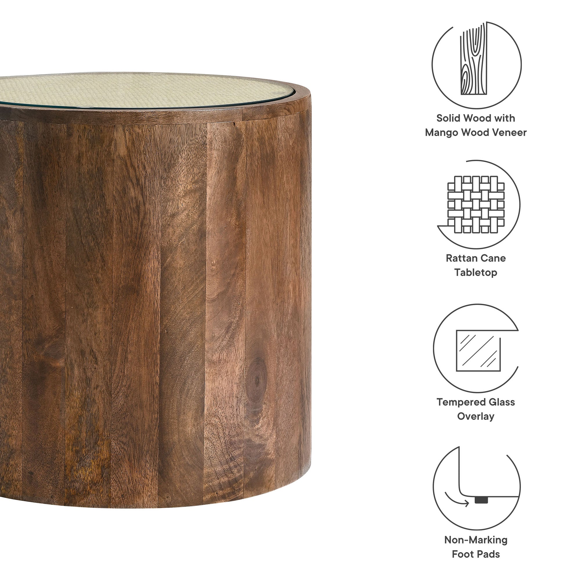 Truett Round Wood Rattan Side Table - Walnut