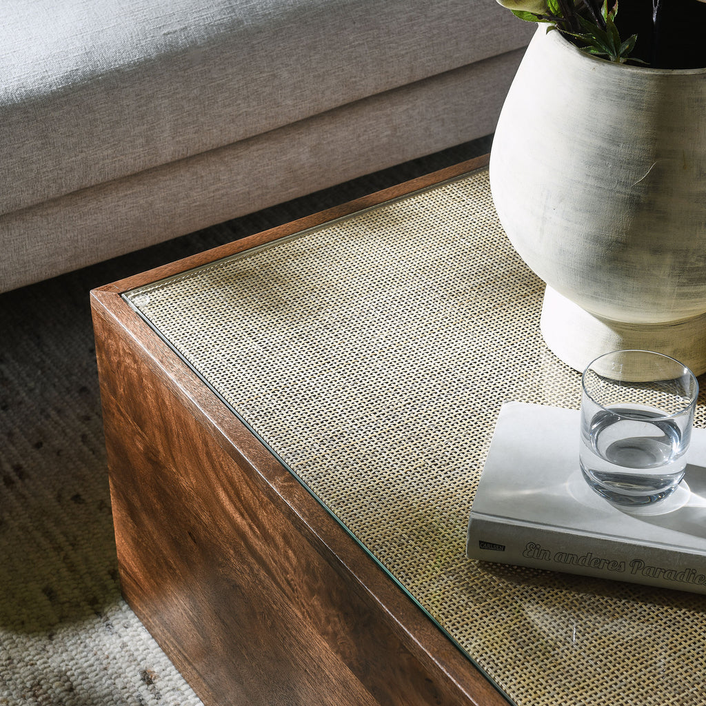 Truett Square Wood Rattan Coffee Table - Walnut