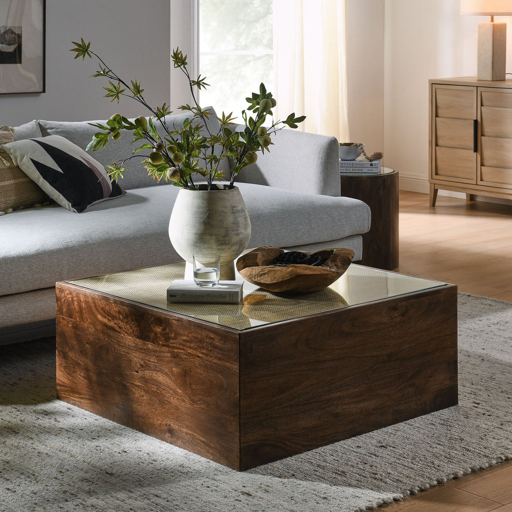 Truett Square Wood Rattan Coffee Table - Walnut