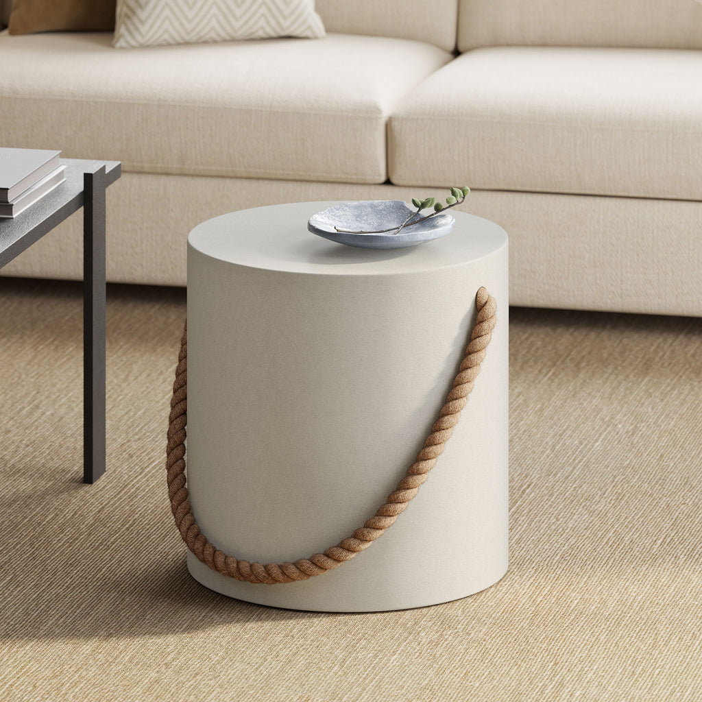 Isera Indoor - Outdoor Patio Rope Concrete Side Table Stool - Light Gray