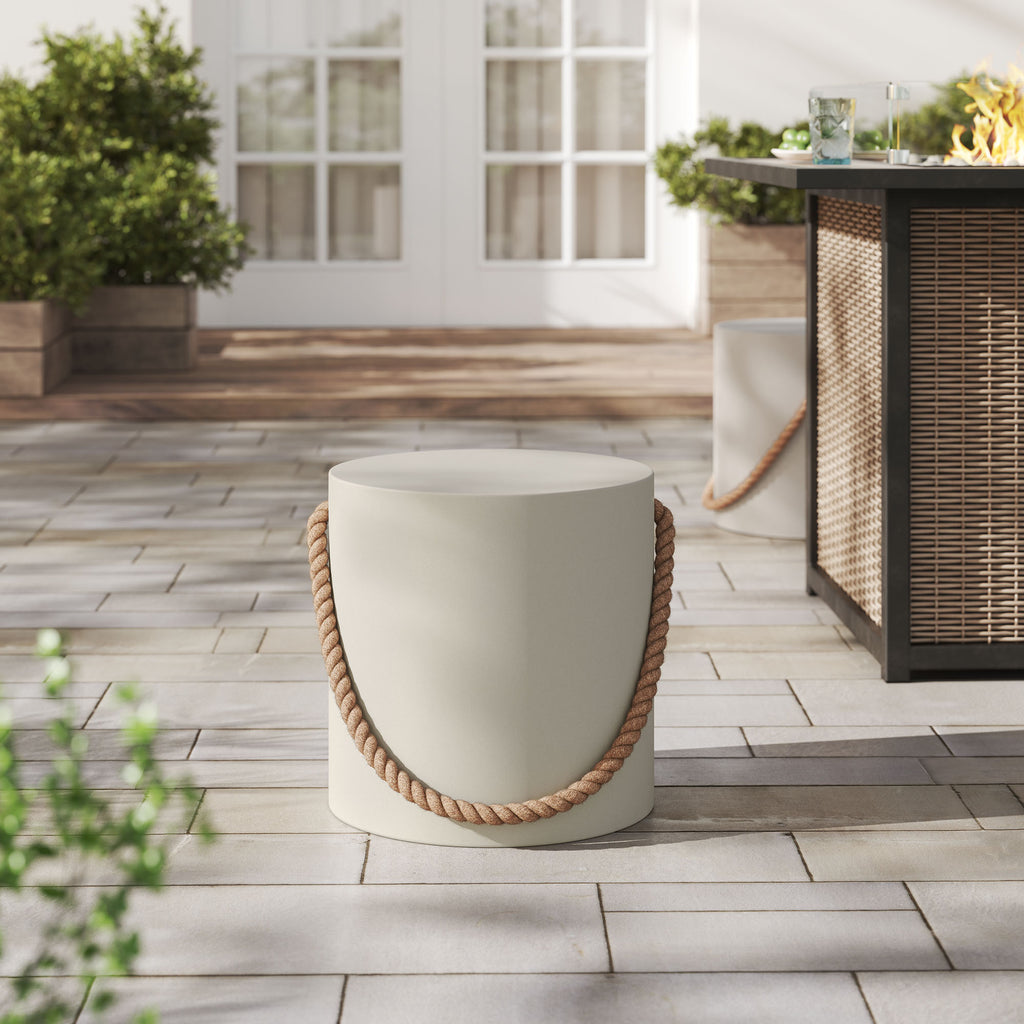 Isera Indoor - Outdoor Patio Rope Concrete Side Table Stool - Light Gray